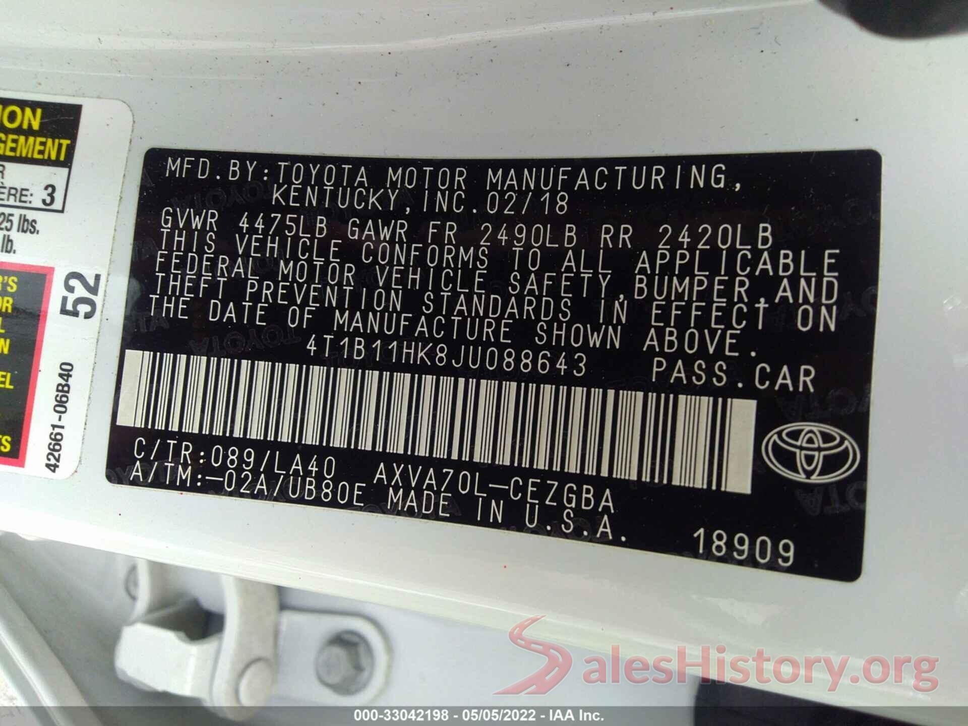 4T1B11HK8JU088643 2018 TOYOTA CAMRY