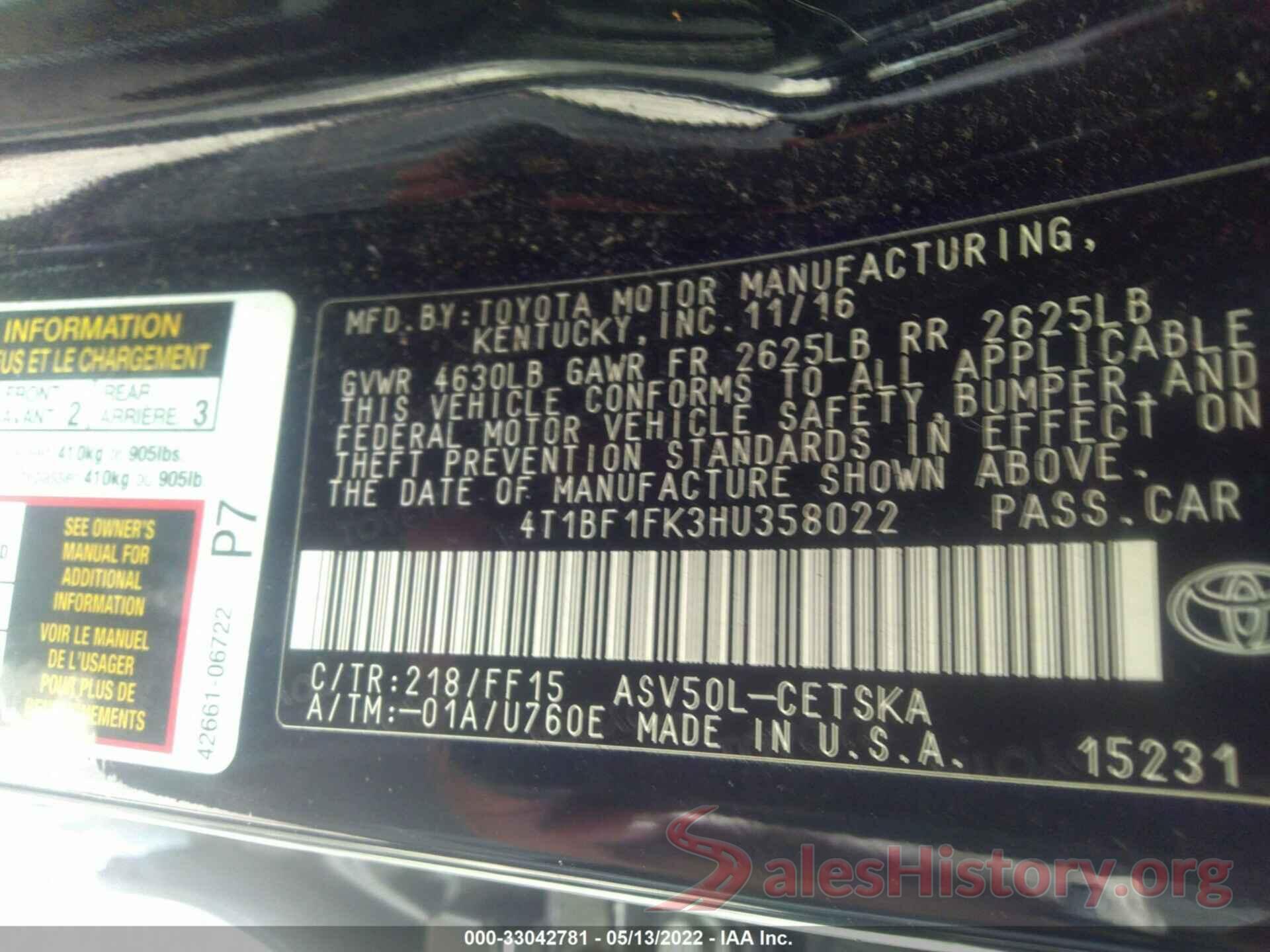 4T1BF1FK3HU358022 2017 TOYOTA CAMRY