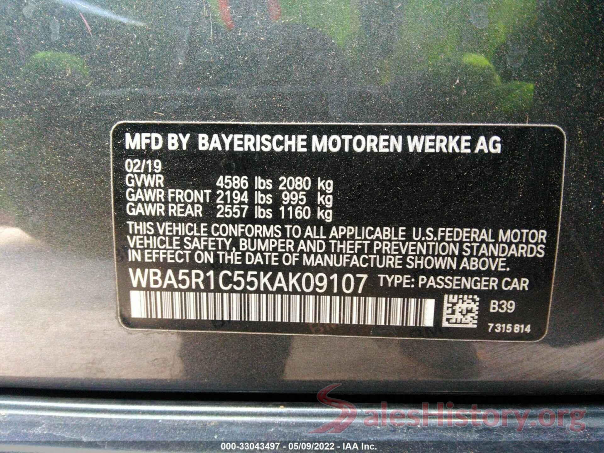 WBA5R1C55KAK09107 2019 BMW 3 SERIES