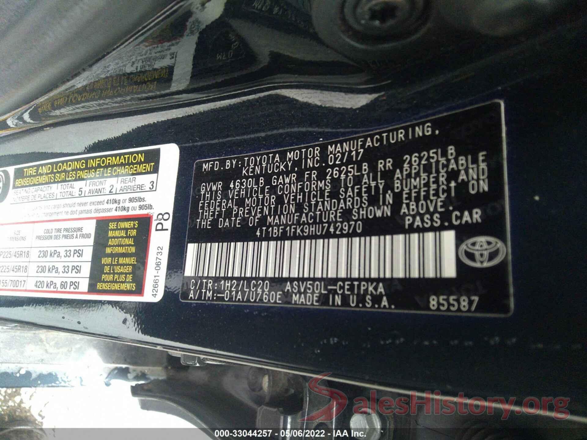 4T1BF1FK9HU742970 2017 TOYOTA CAMRY