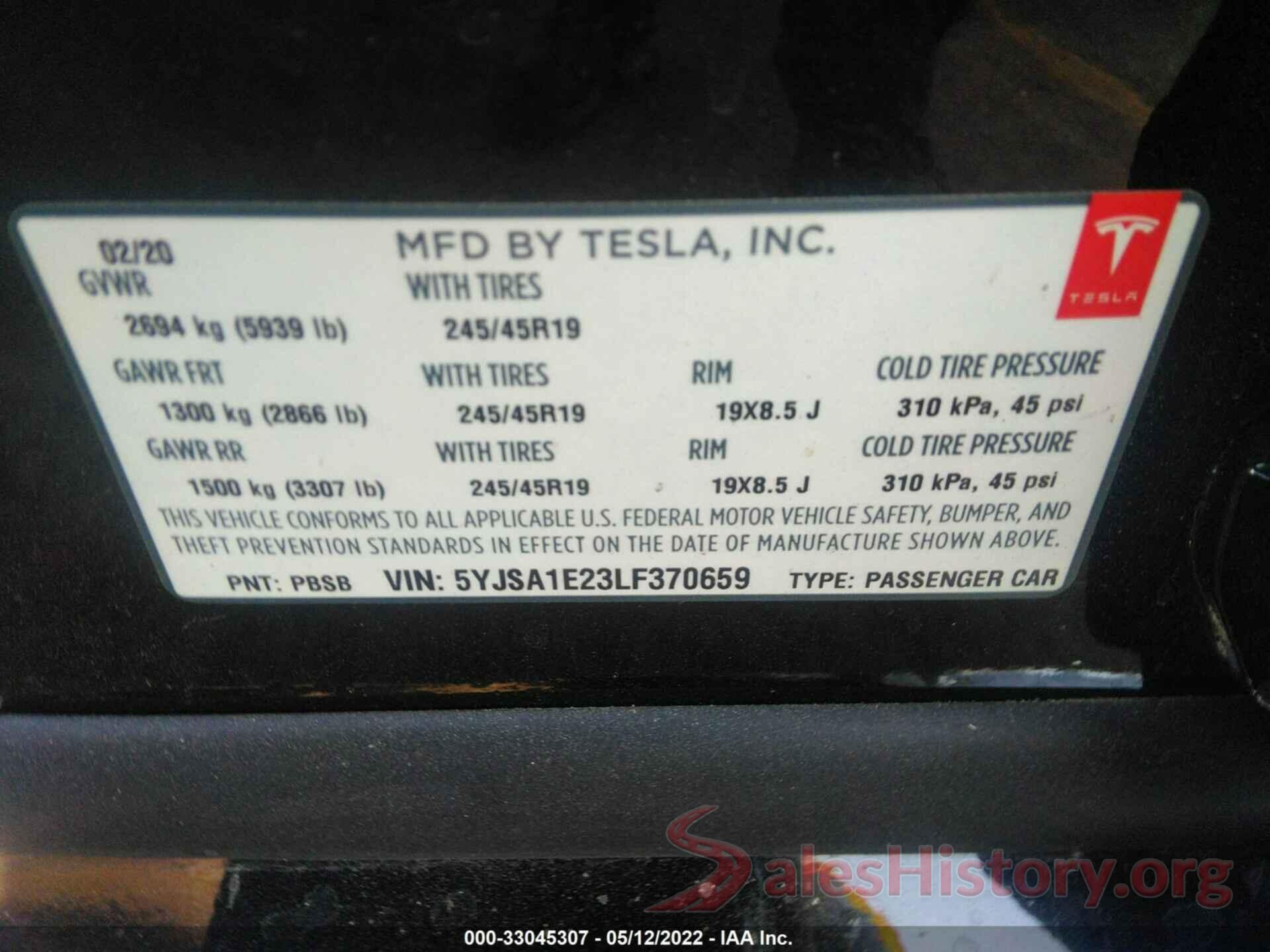 5YJSA1E23LF370659 2020 TESLA MODEL S