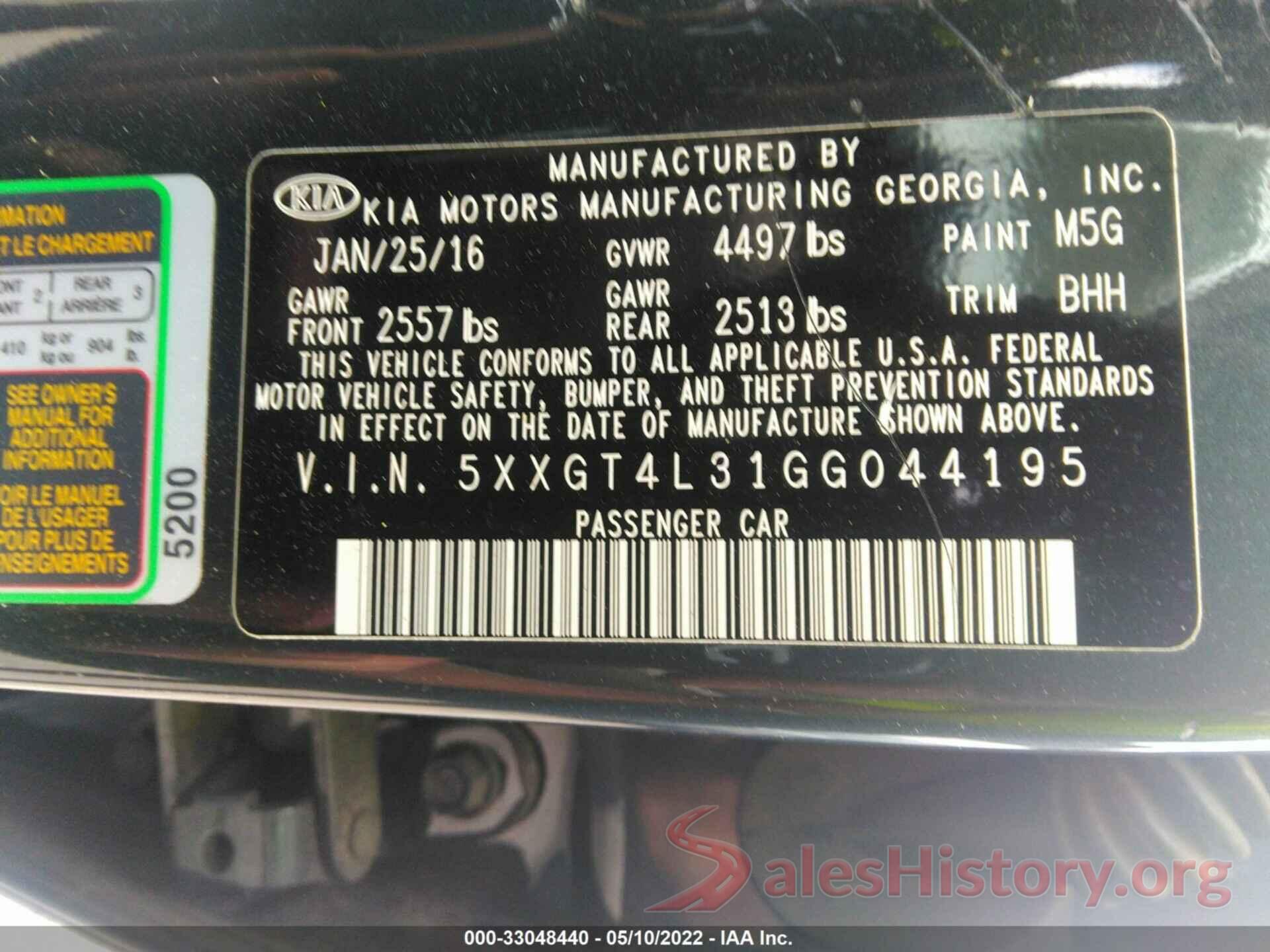 5XXGT4L31GG044195 2016 KIA OPTIMA