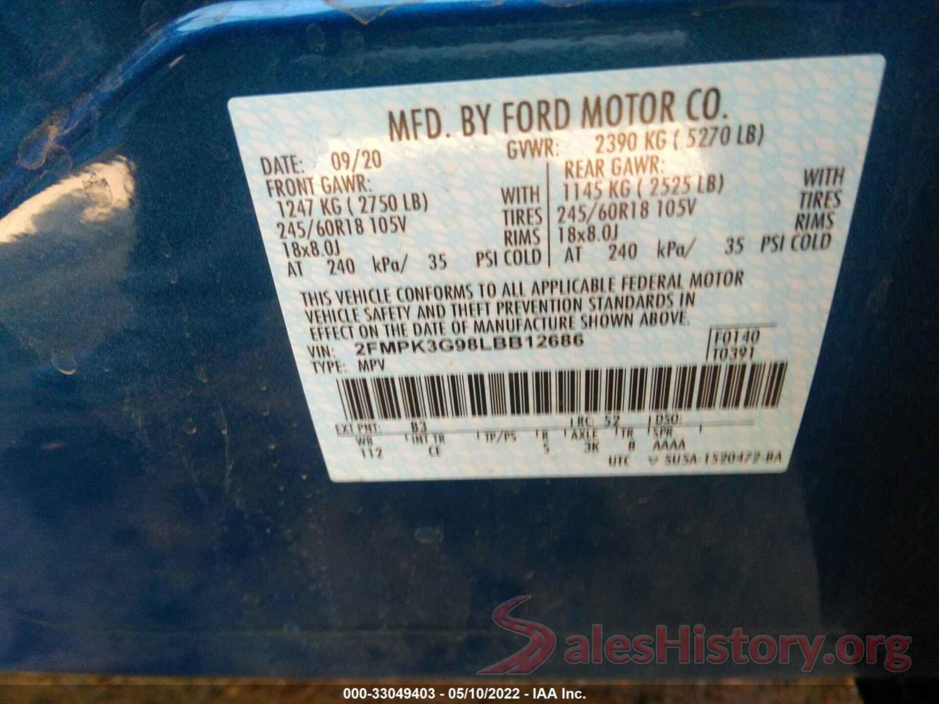 2FMPK3G98LBB12686 2020 FORD EDGE