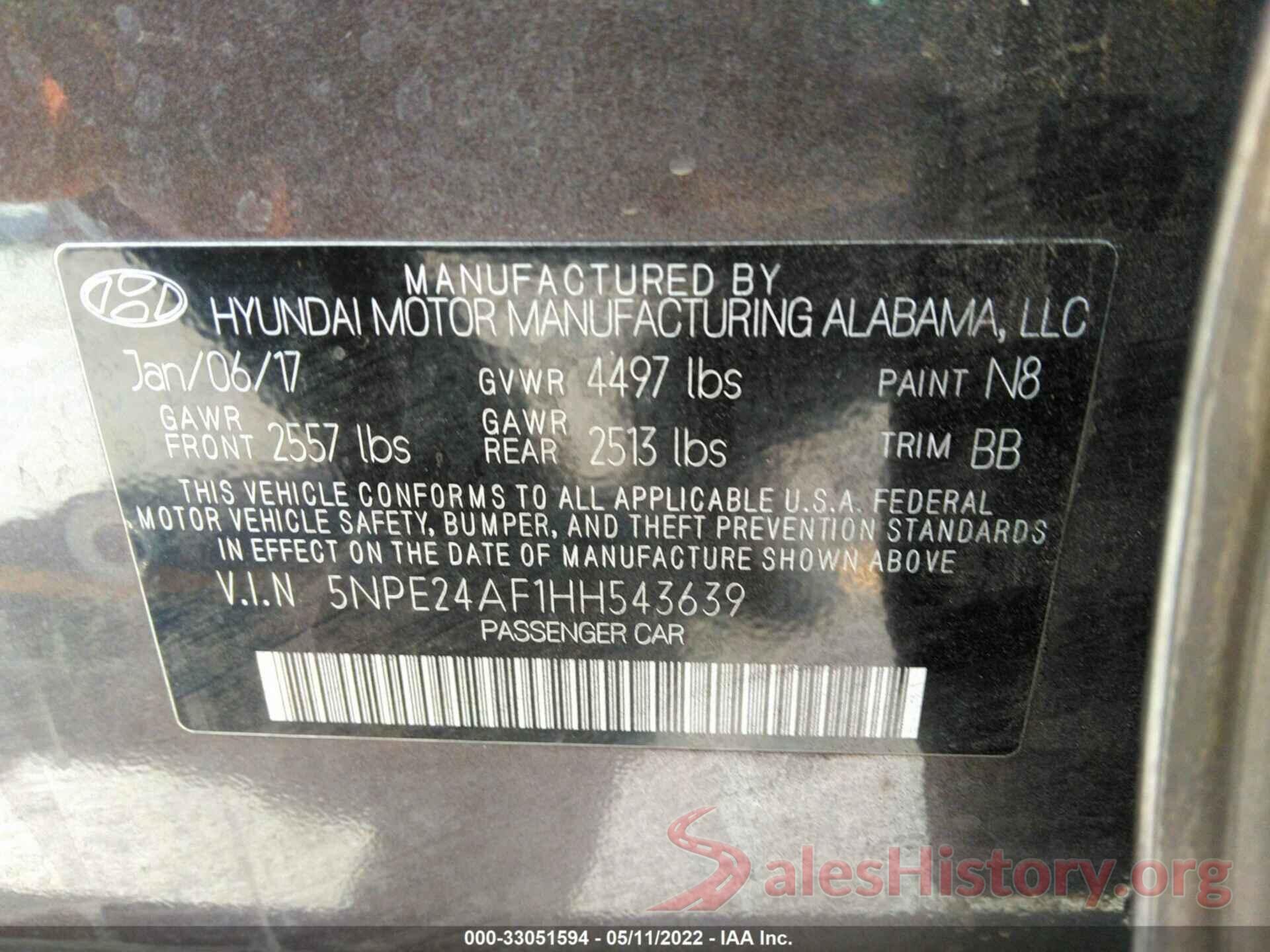 5NPE24AF1HH543639 2017 HYUNDAI SONATA