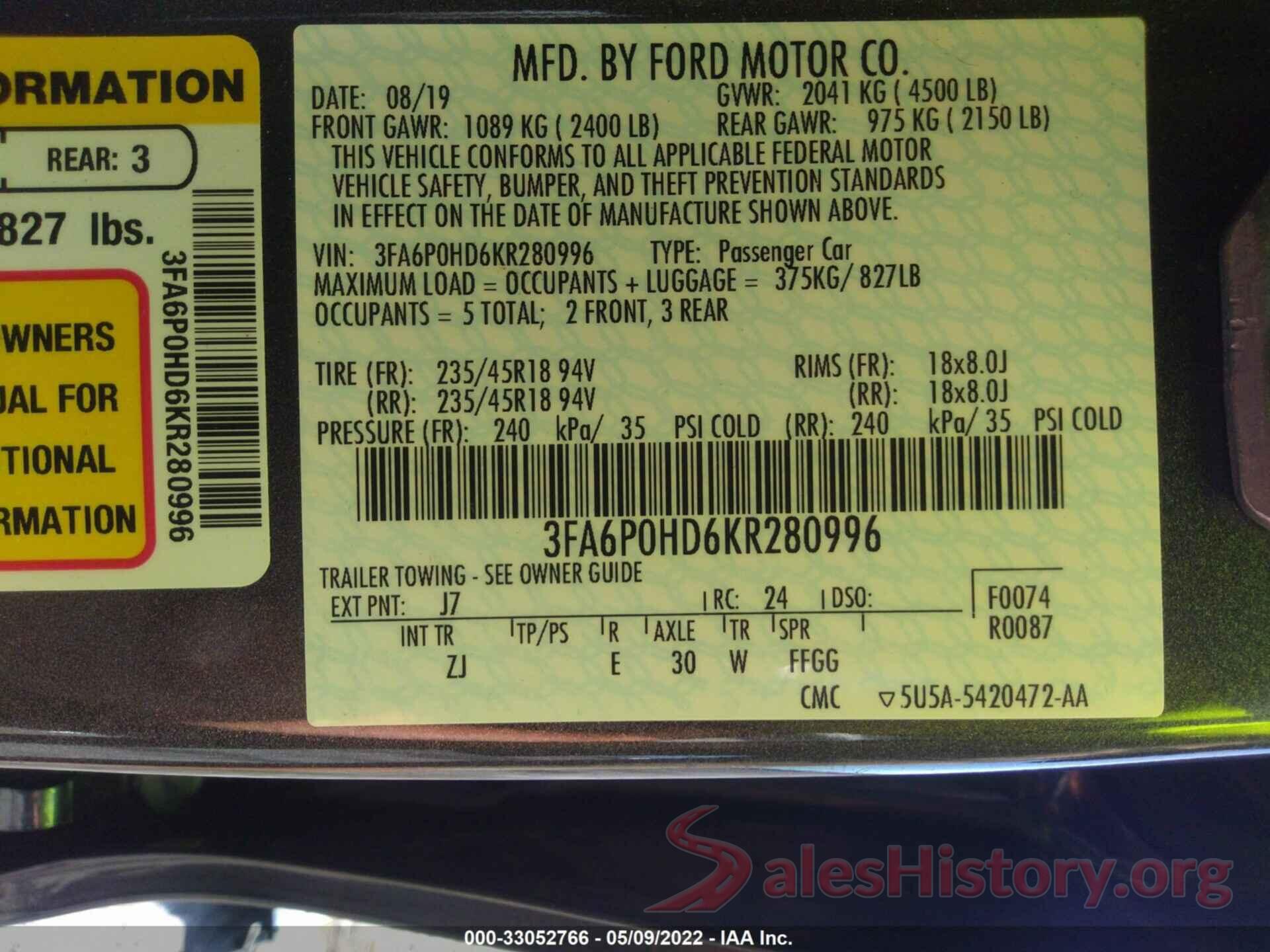 3FA6P0HD6KR280996 2019 FORD FUSION