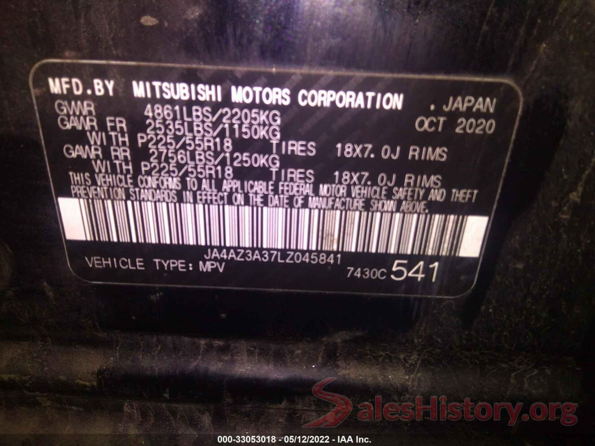 JA4AZ3A37LZ045841 2020 MITSUBISHI OUTLANDER