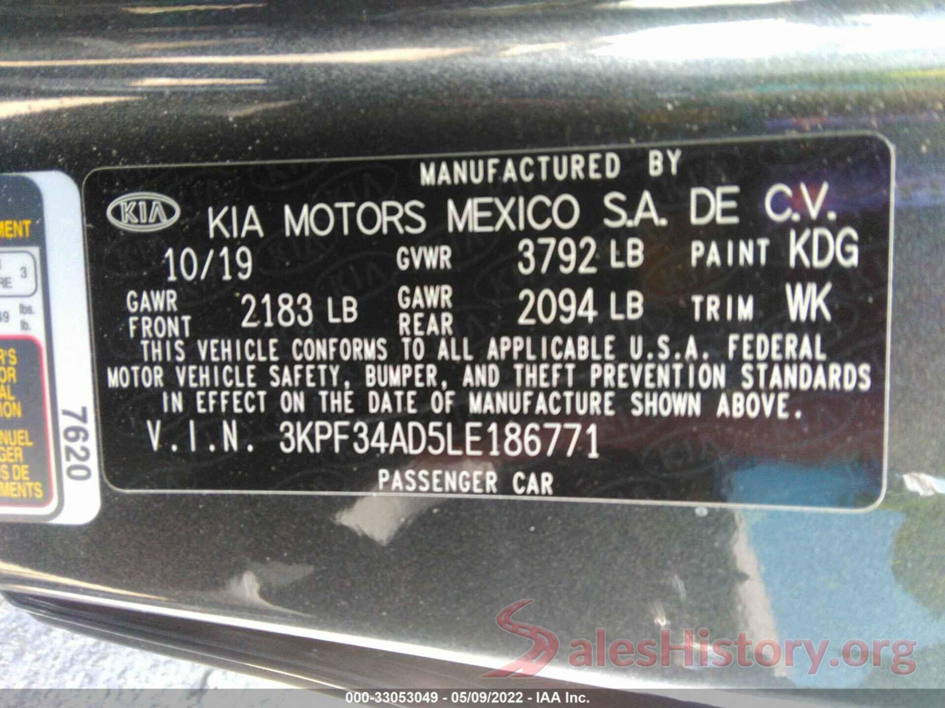 3KPF34AD5LE186771 2020 KIA FORTE