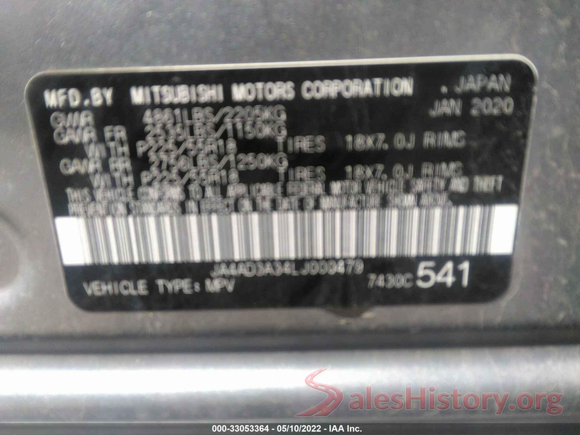 JA4AD3A34LJ000479 2020 MITSUBISHI OUTLANDER