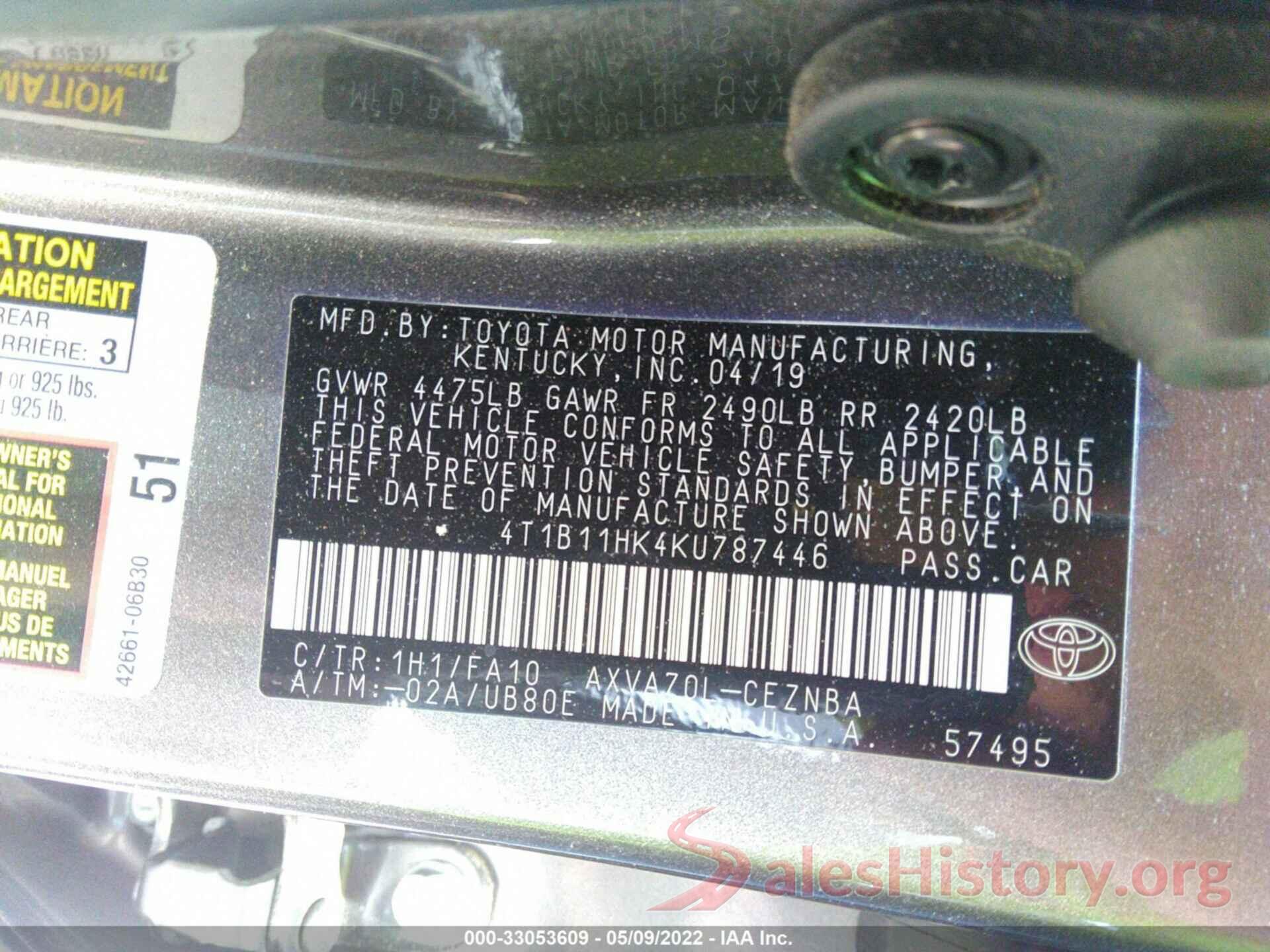 4T1B11HK4KU787446 2019 TOYOTA CAMRY