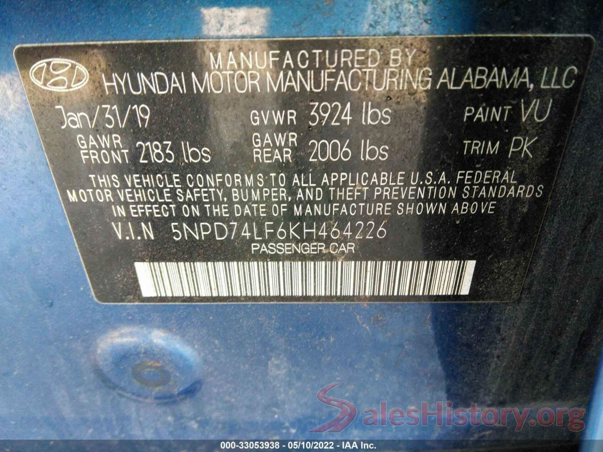 5NPD74LF6KH464226 2019 HYUNDAI ELANTRA