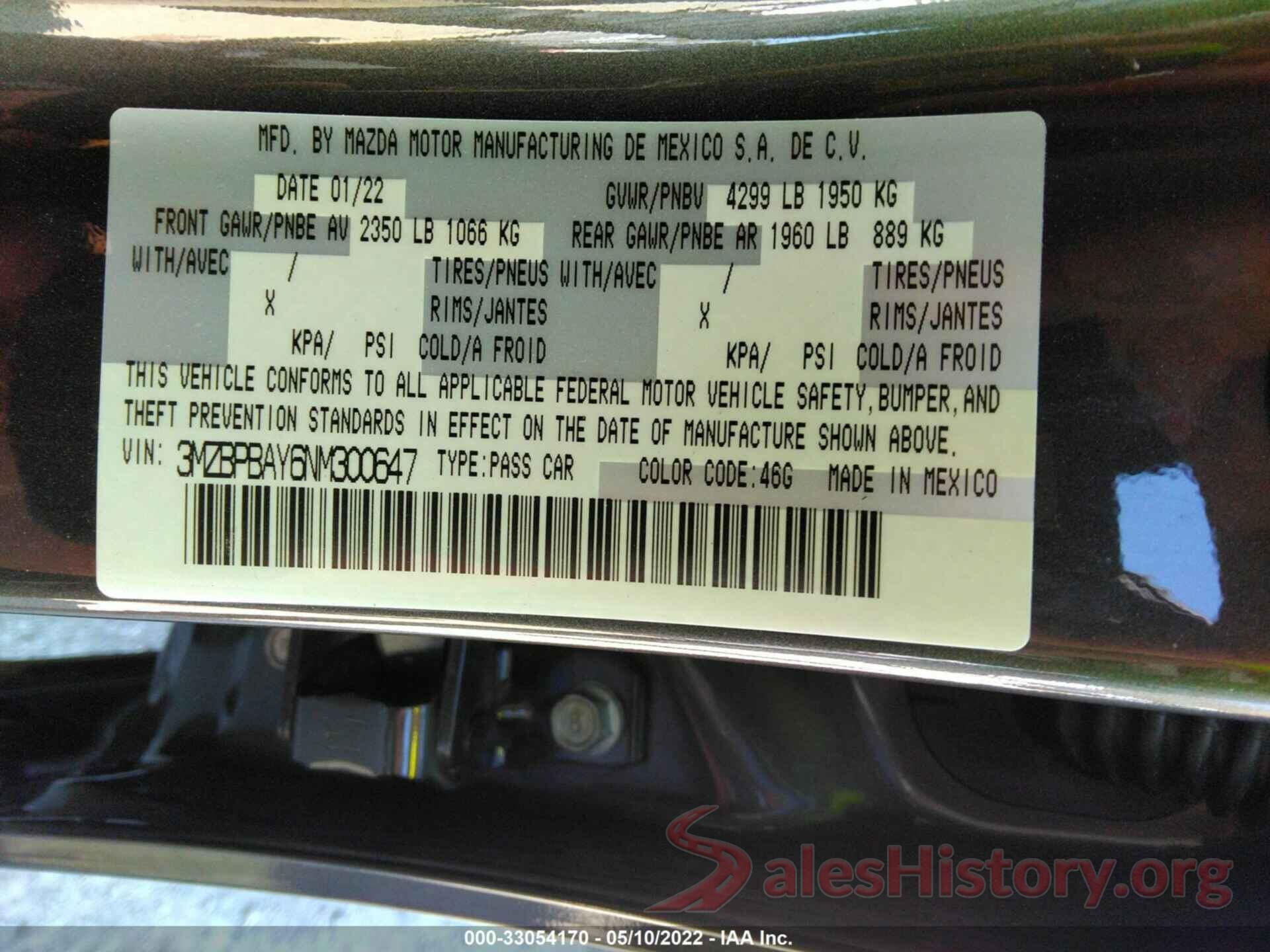 3MZBPBAY6NM300647 2022 MAZDA MAZDA3 SEDAN