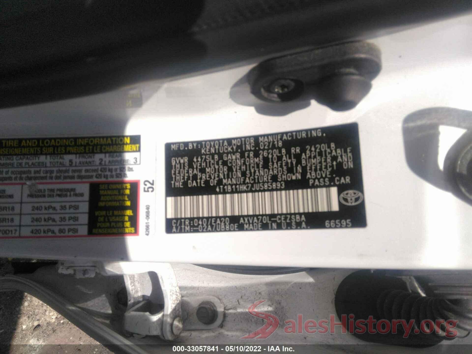 4T1B11HK7JU585893 2018 TOYOTA CAMRY