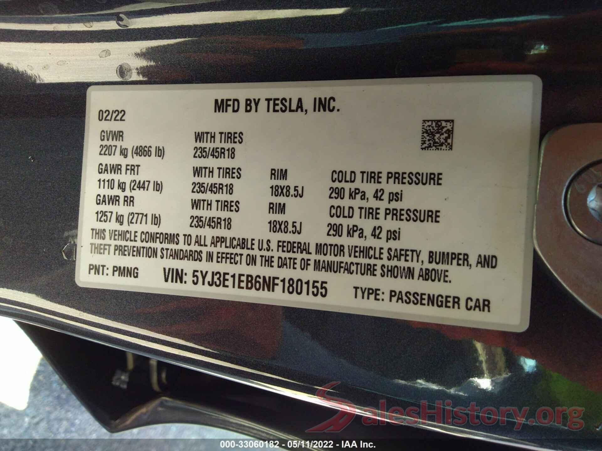 5YJ3E1EB6NF180155 2022 TESLA MODEL 3