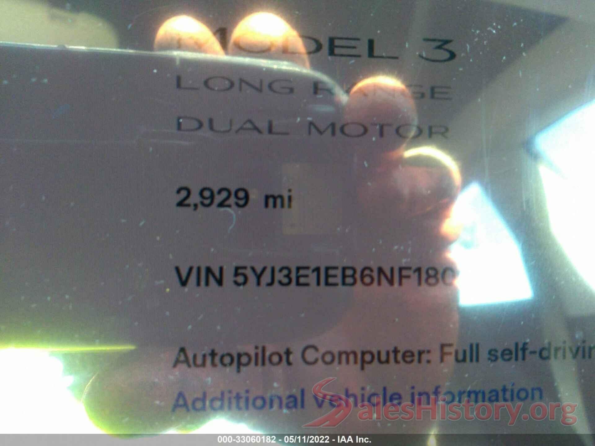 5YJ3E1EB6NF180155 2022 TESLA MODEL 3