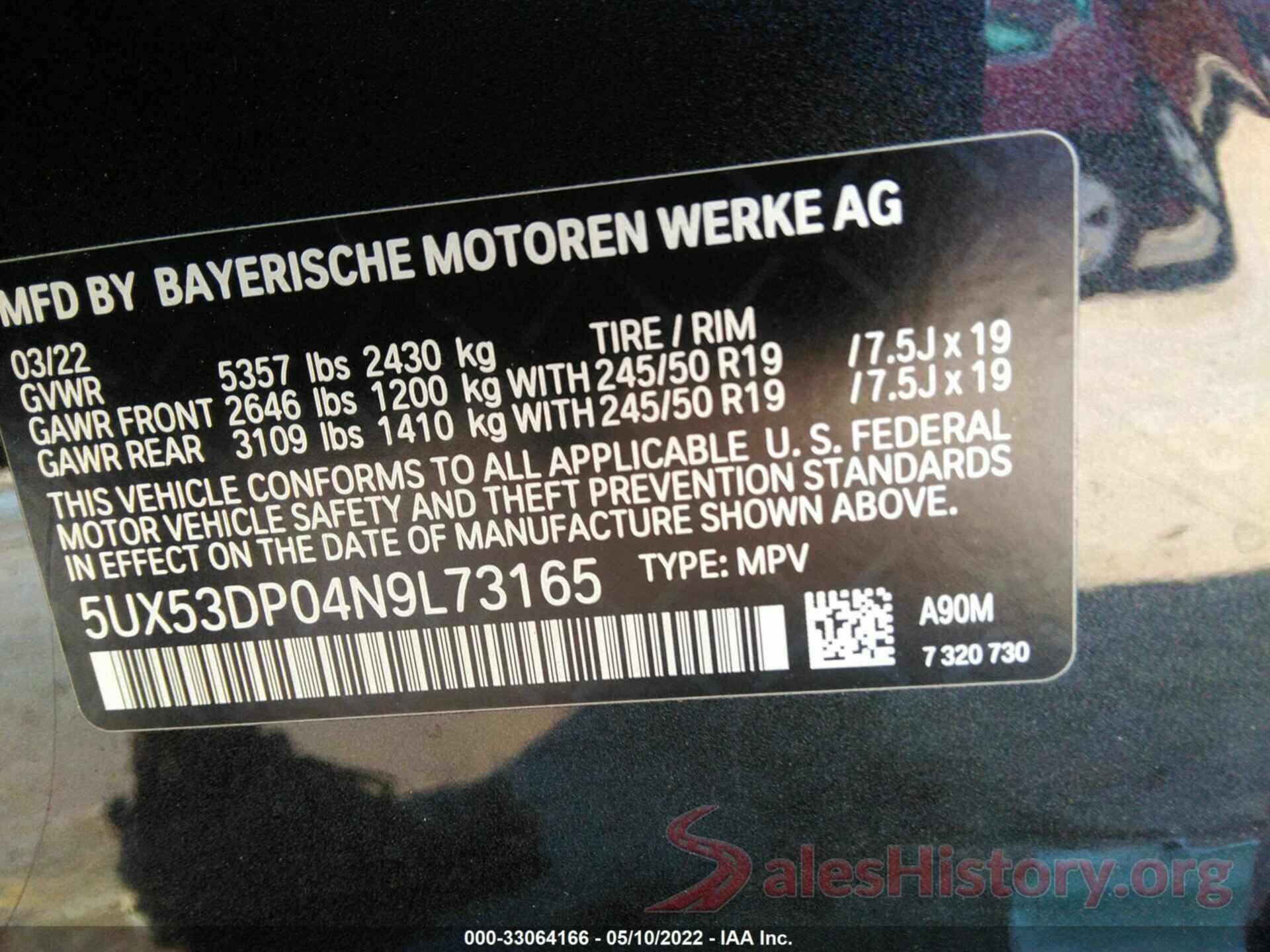 5UX53DP04N9L73165 2022 BMW X3