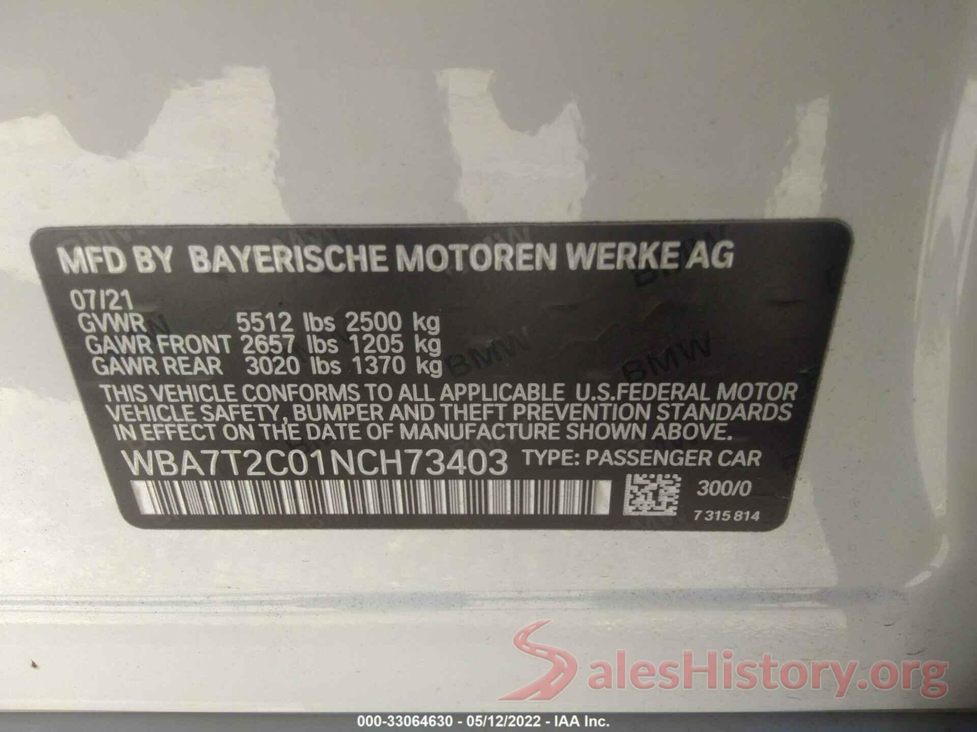 WBA7T2C01NCH73403 2022 BMW 7 SERIES