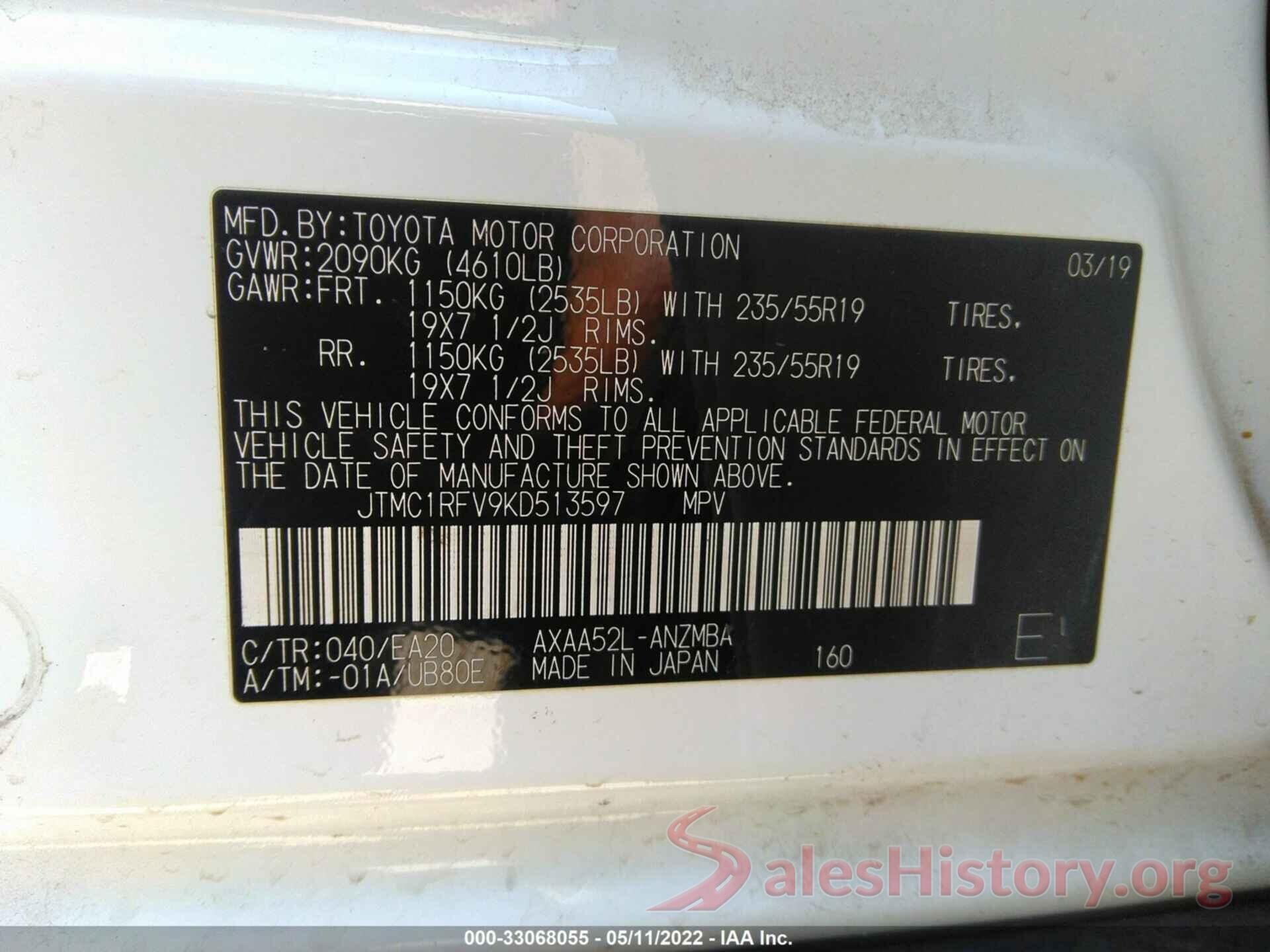 JTMC1RFV9KD513597 2019 TOYOTA RAV4