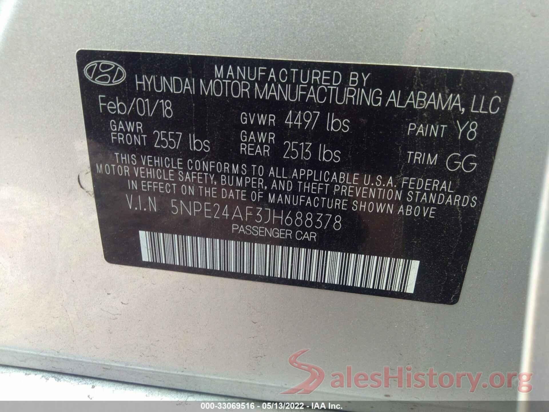 5NPE24AF3JH688378 2018 HYUNDAI SONATA