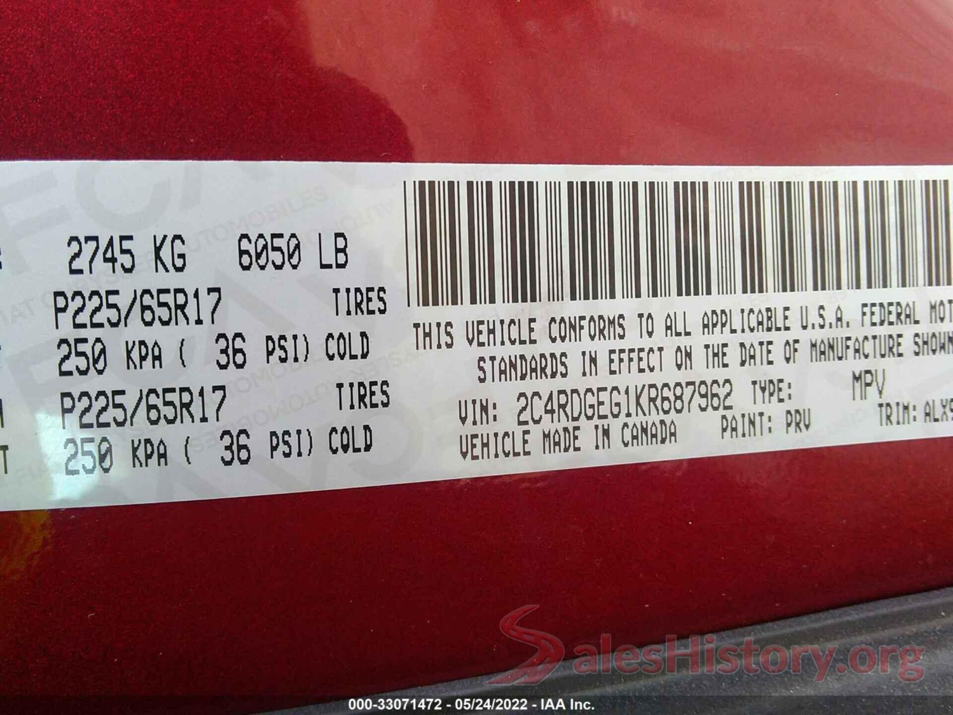 2C4RDGEG1KR687962 2019 DODGE GRAND CARAVAN