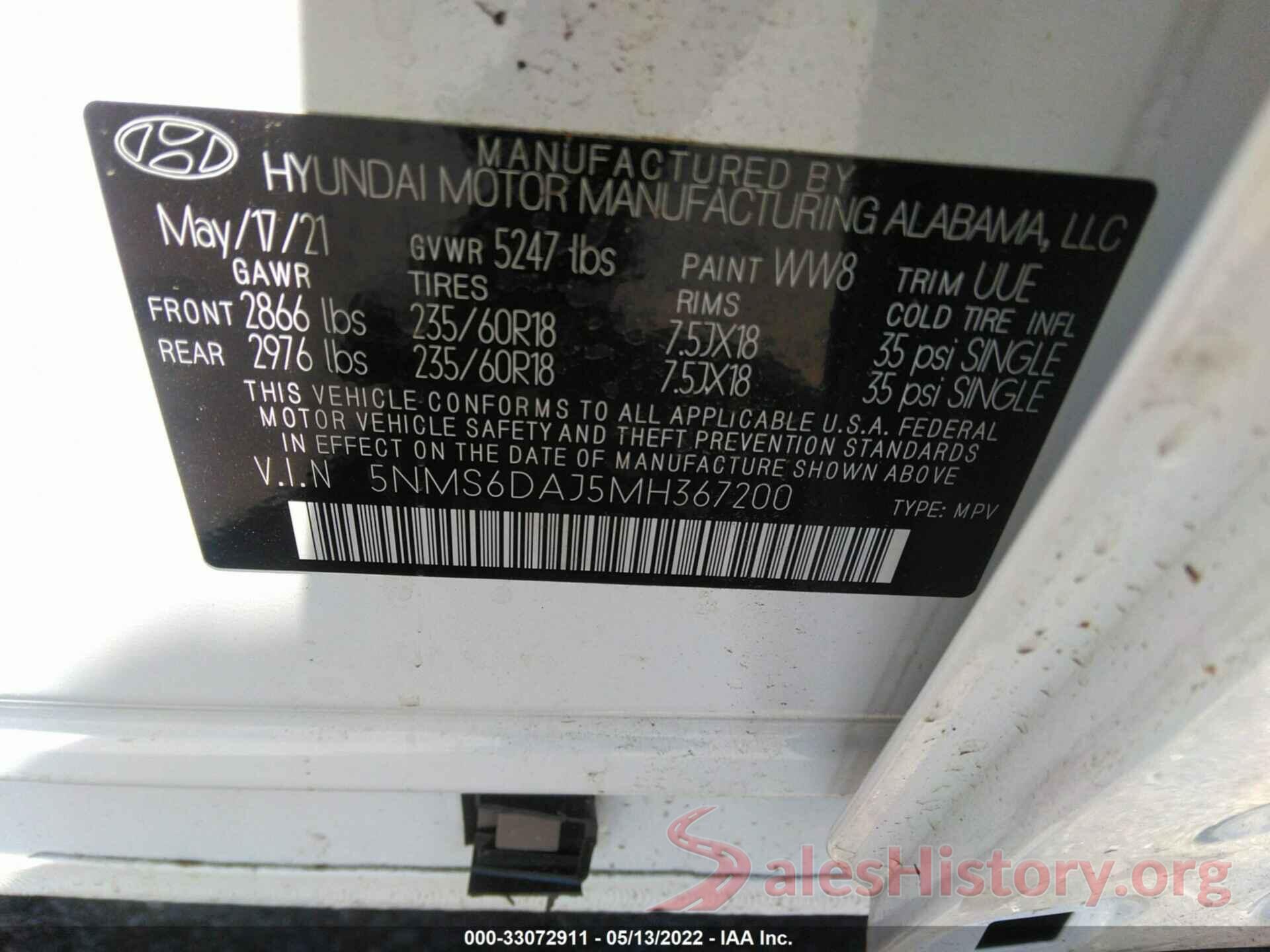 5NMS6DAJ5MH367200 2021 HYUNDAI SANTA FE