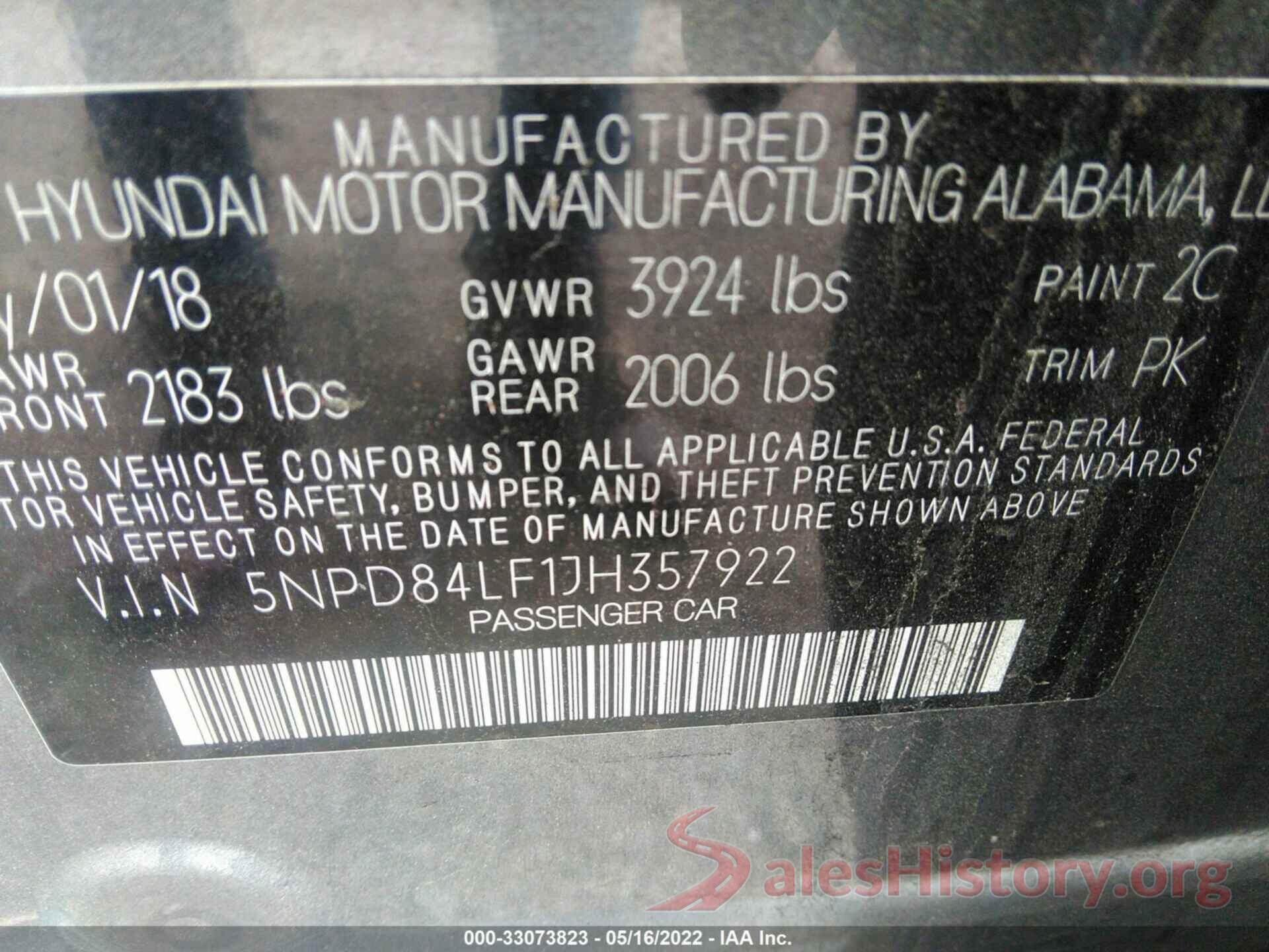 5NPD84LF1JH357922 2018 HYUNDAI ELANTRA