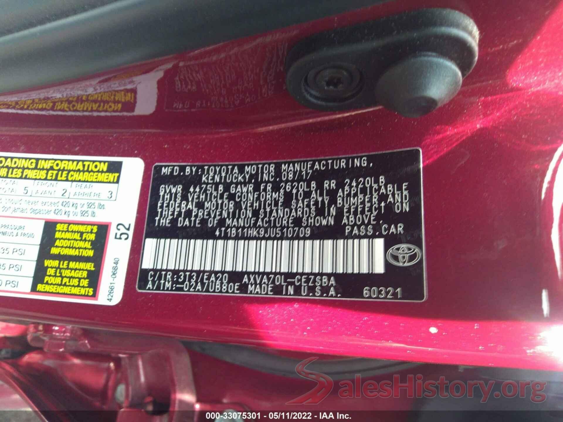 4T1B11HK9JU510709 2018 TOYOTA CAMRY