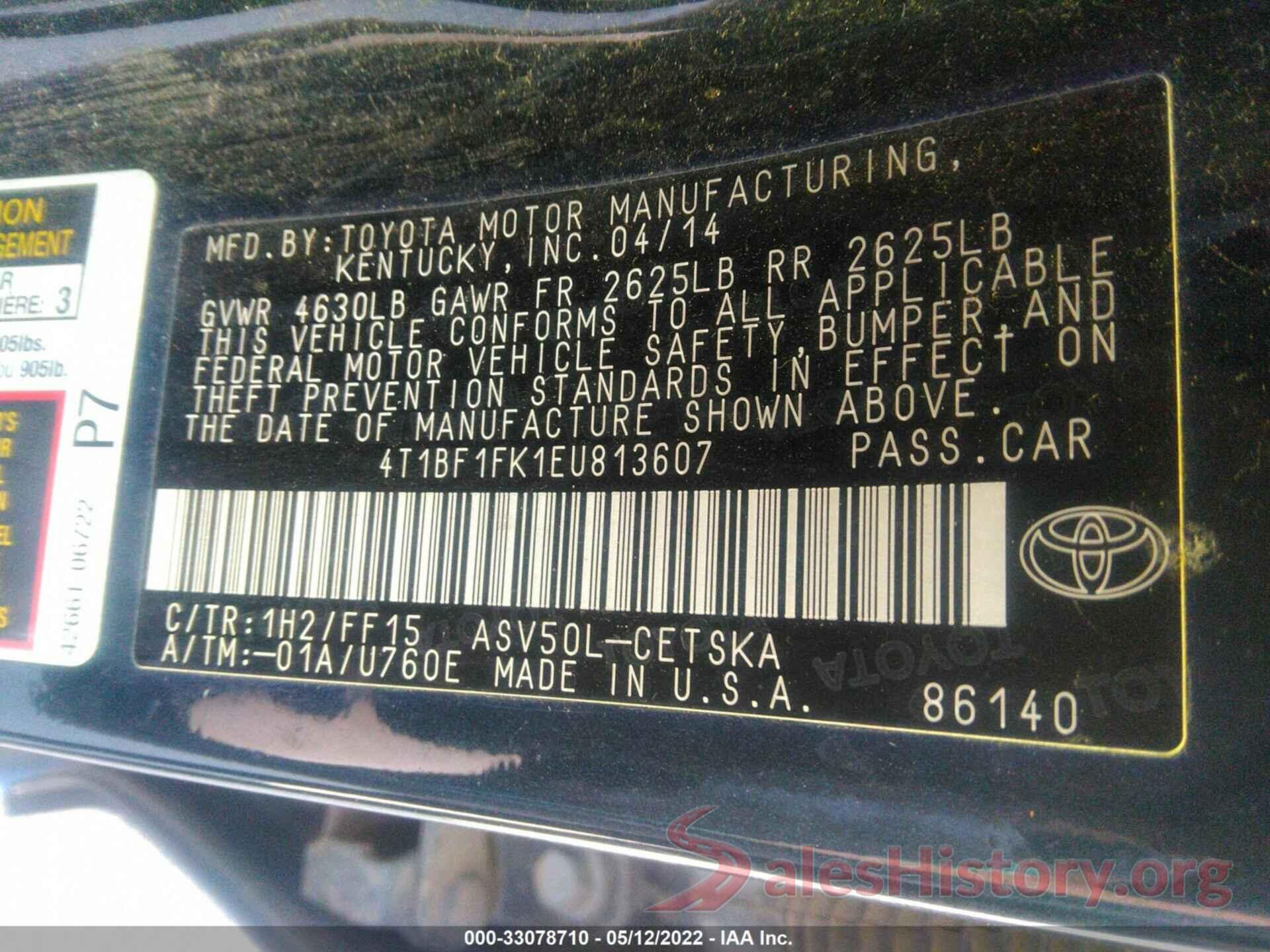 4T1BF1FK1EU813607 2014 TOYOTA CAMRY