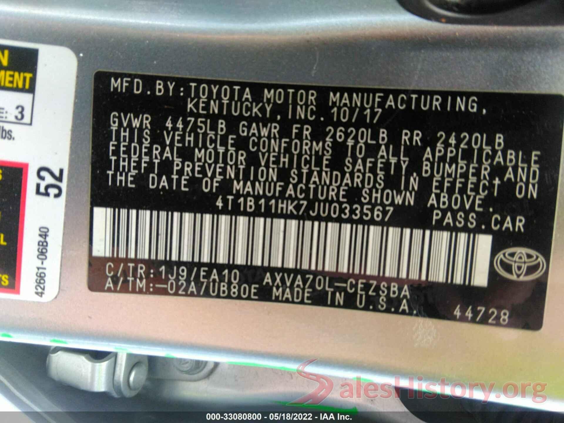 4T1B11HK7JU033567 2018 TOYOTA CAMRY