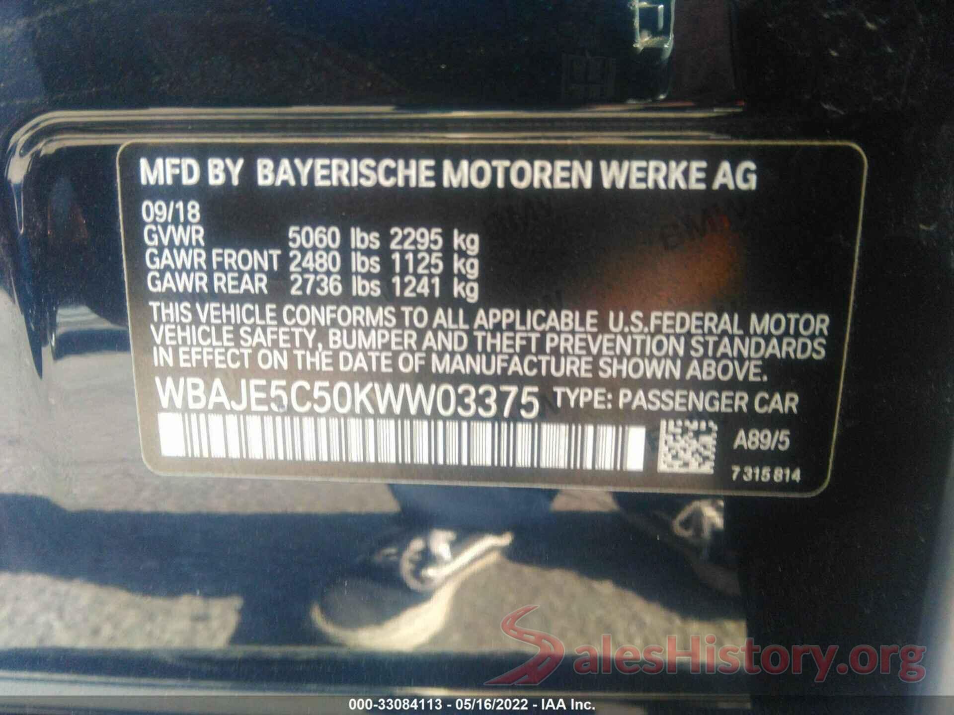 WBAJE5C50KWW03375 2019 BMW 5 SERIES