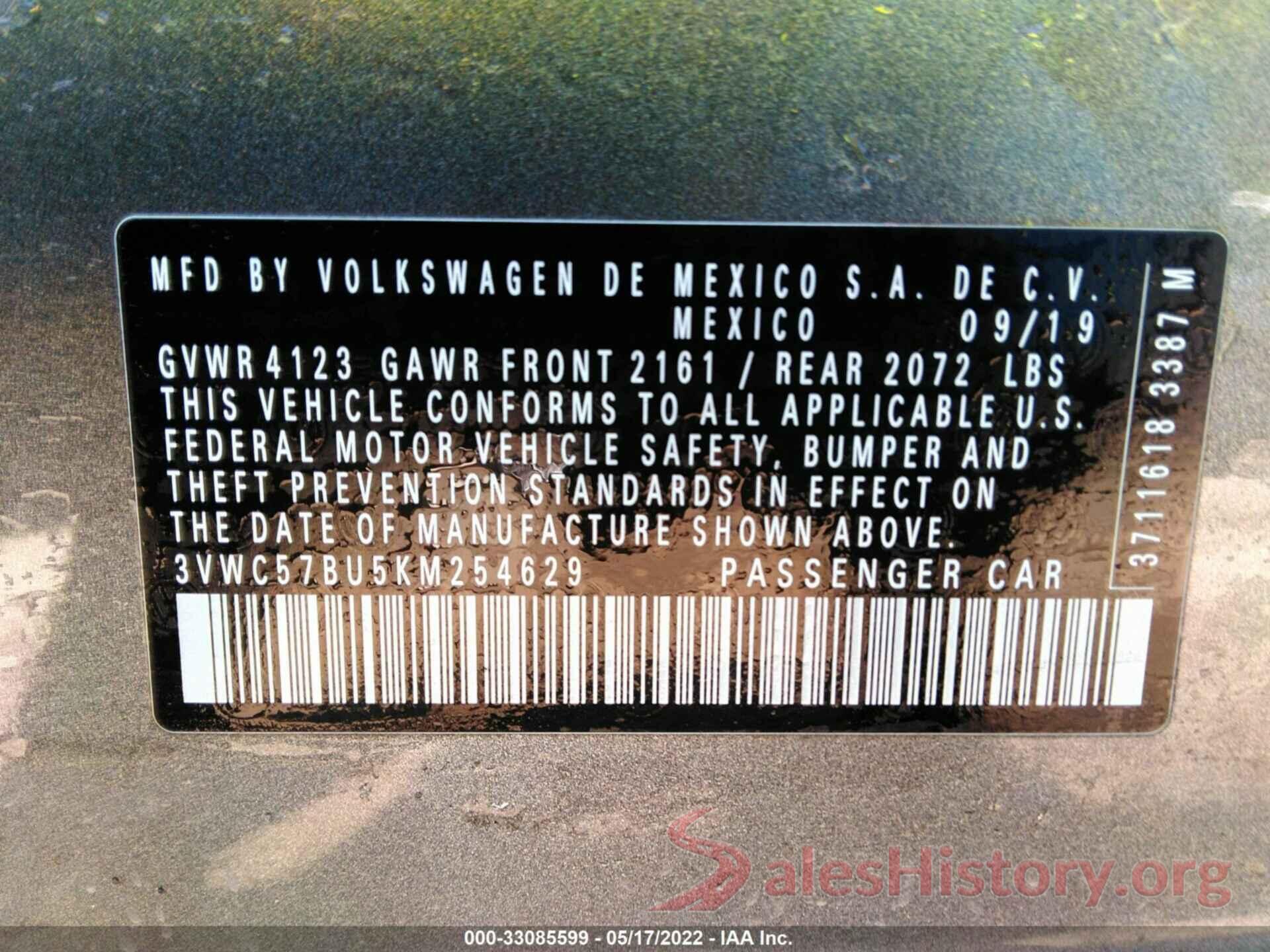 3VWC57BU5KM254629 2019 VOLKSWAGEN JETTA