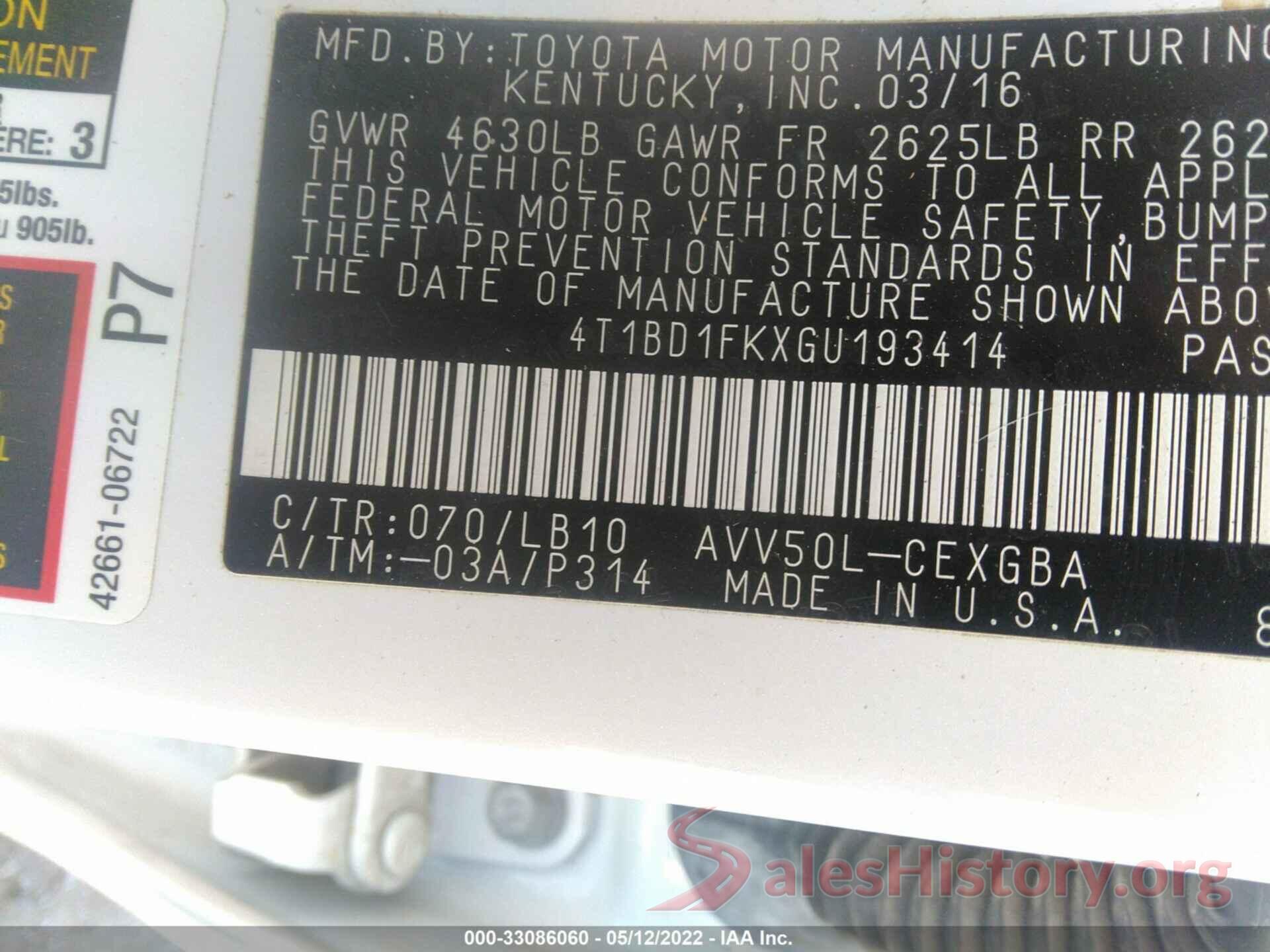 4T1BD1FKXGU193414 2016 TOYOTA CAMRY HYBRID