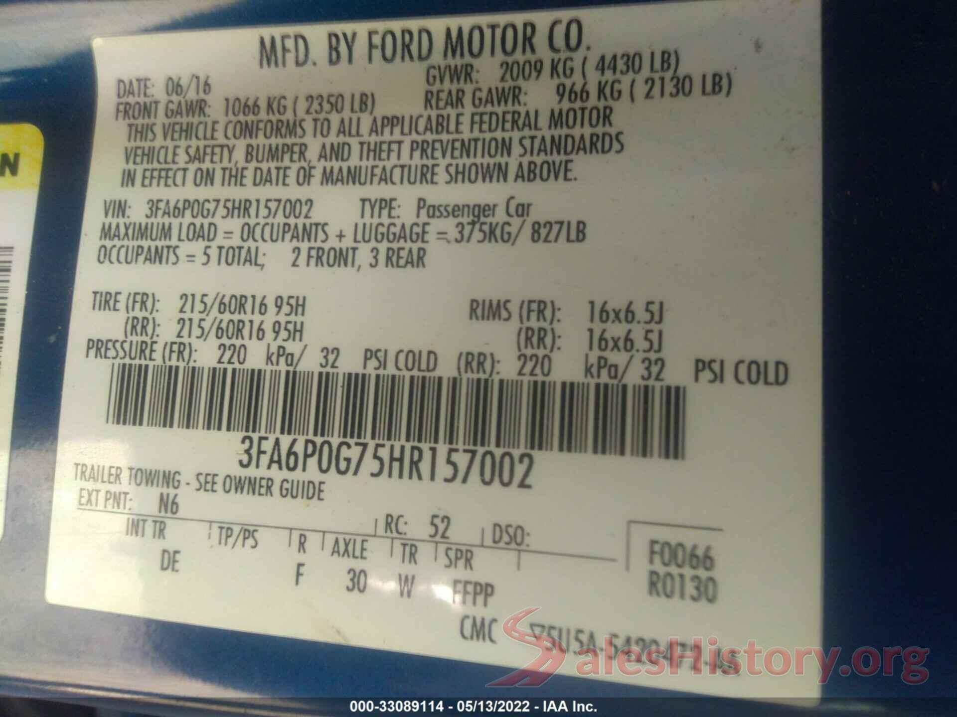 3FA6P0G75HR157002 2017 FORD FUSION