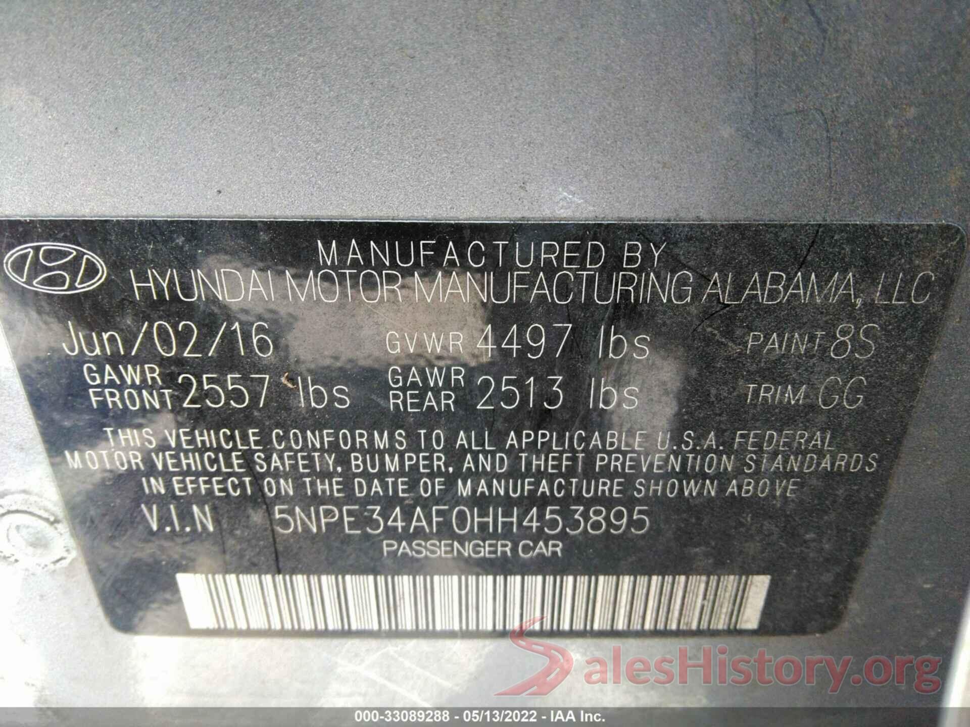 5NPE34AF0HH453895 2017 HYUNDAI SONATA