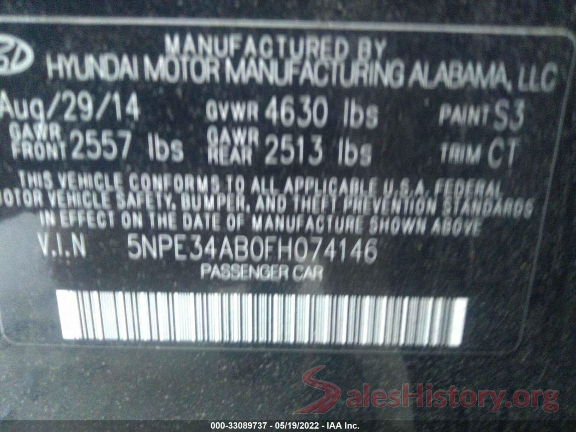 5NPE34AB0FH074146 2015 HYUNDAI SONATA