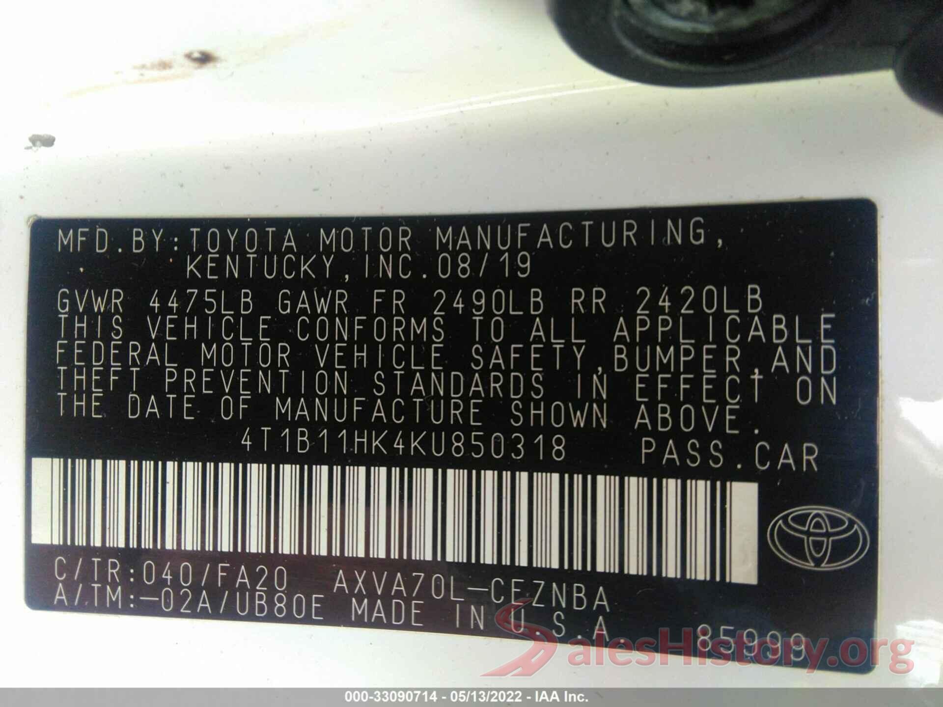 4T1B11HK4KU850318 2019 TOYOTA CAMRY