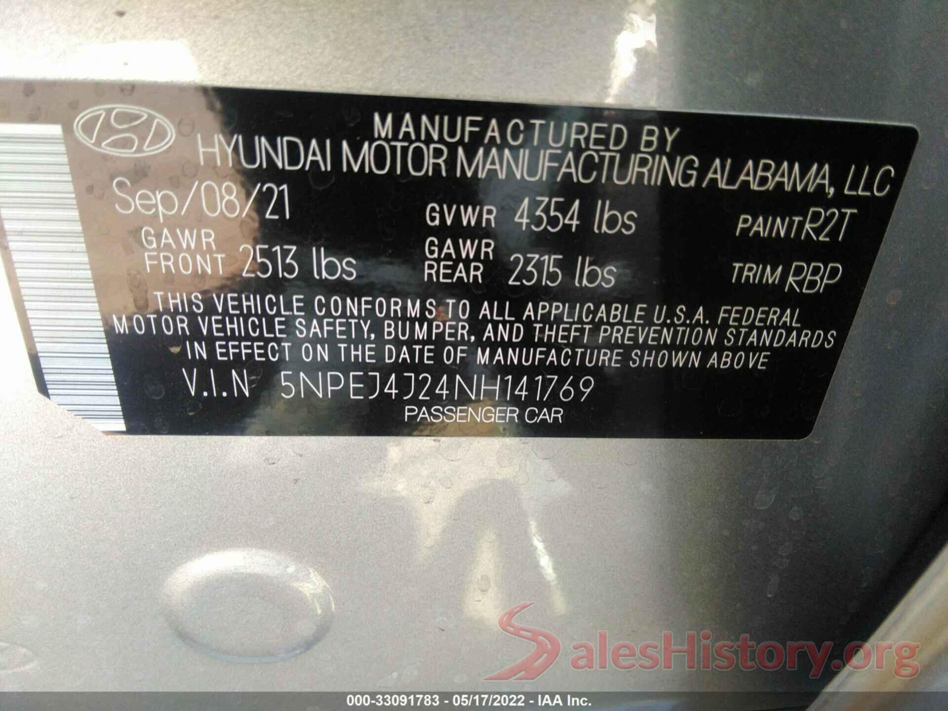 5NPEJ4J24NH141769 2022 HYUNDAI SONATA