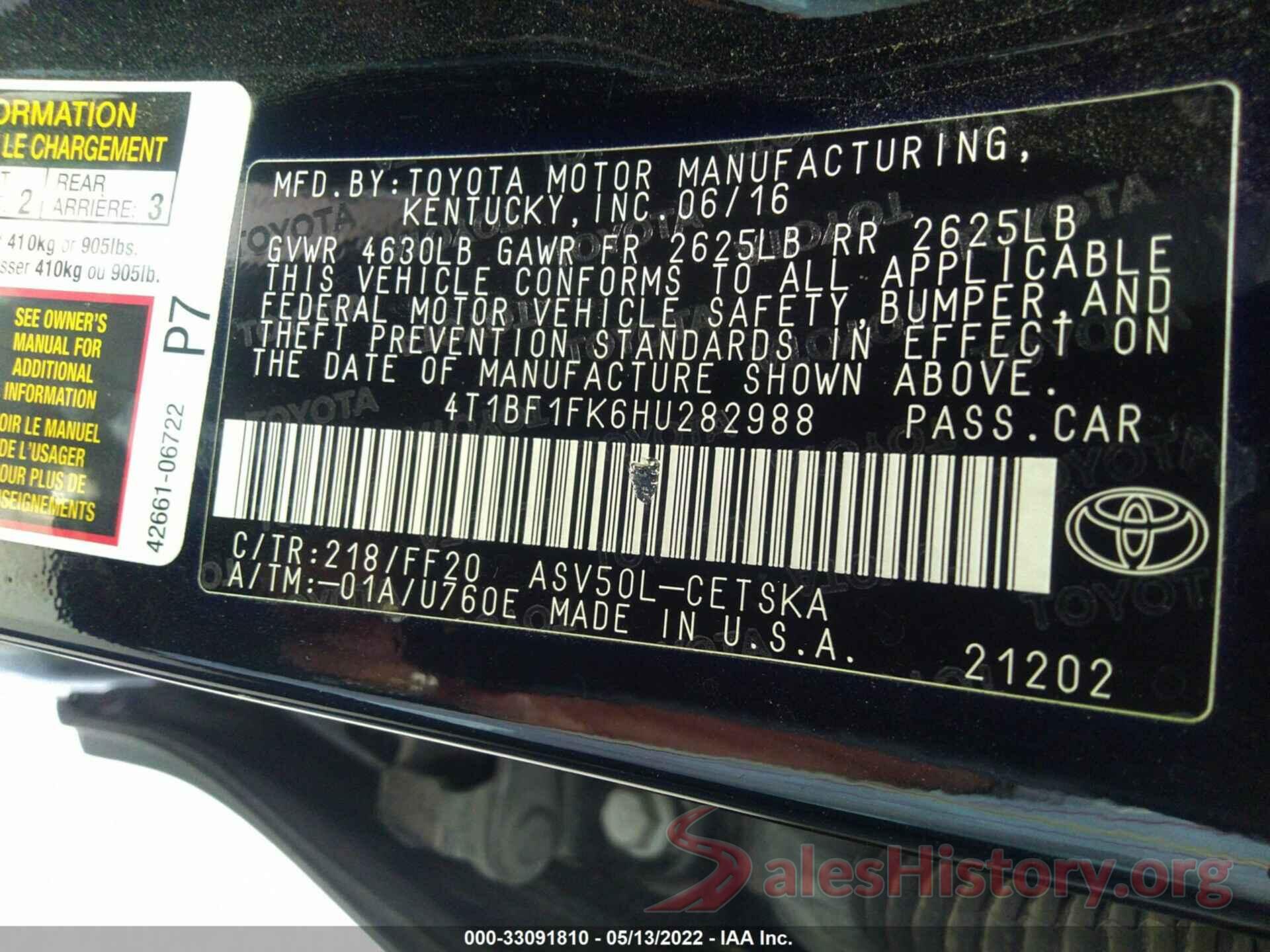 4T1BF1FK6HU282988 2017 TOYOTA CAMRY