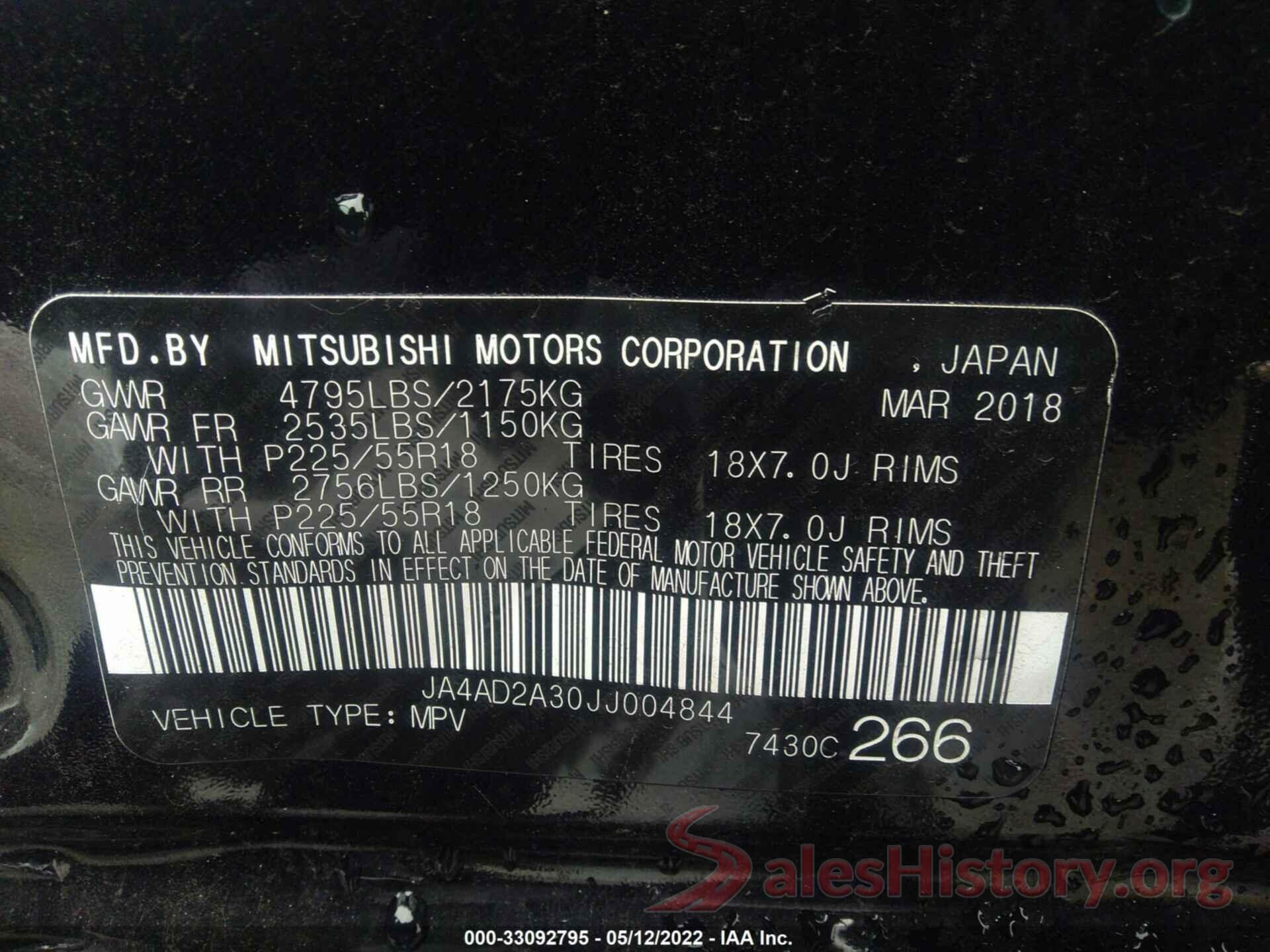 JA4AD2A30JJ004844 2018 MITSUBISHI OUTLANDER