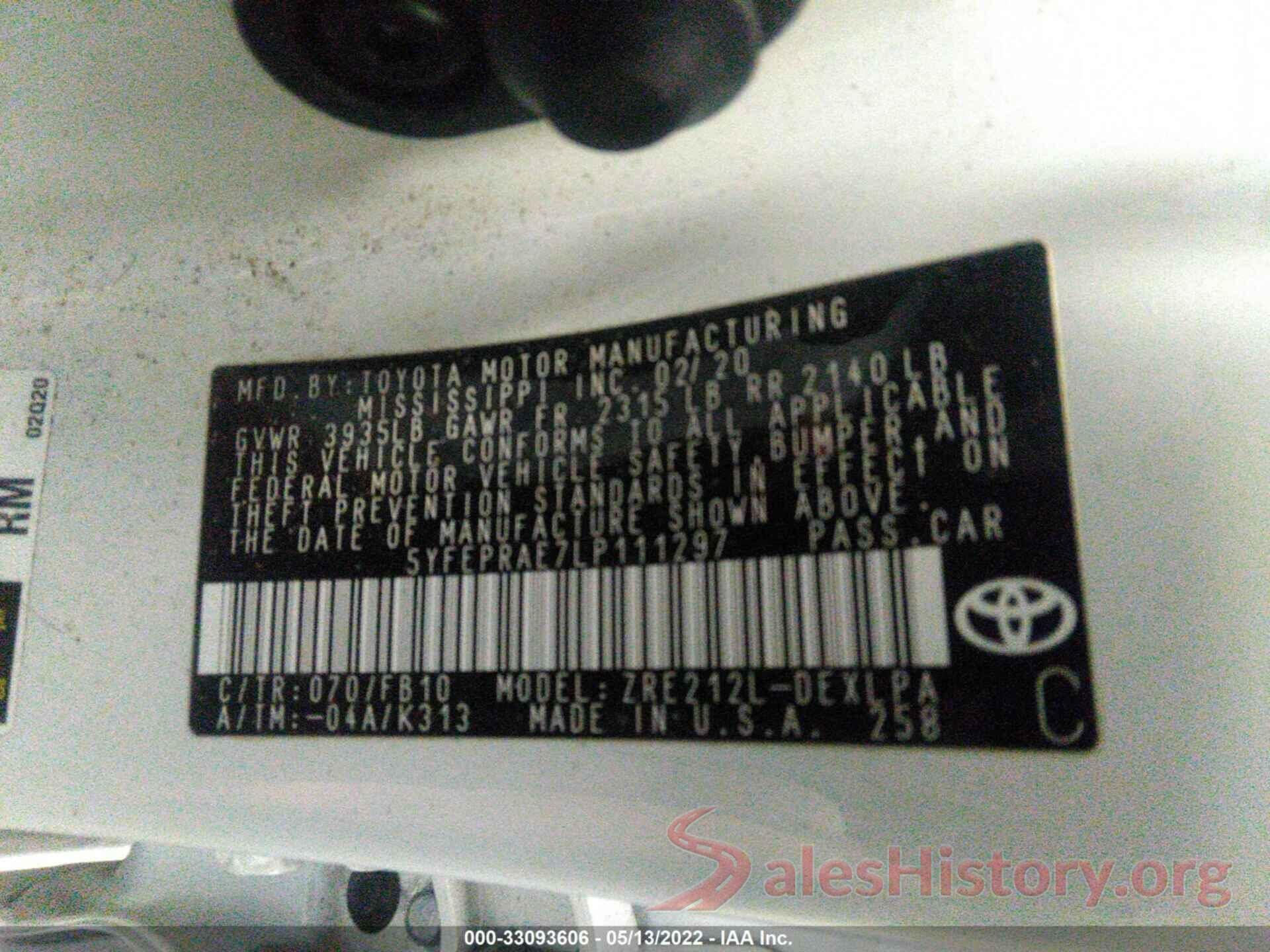 5YFEPRAE7LP111297 2020 TOYOTA COROLLA