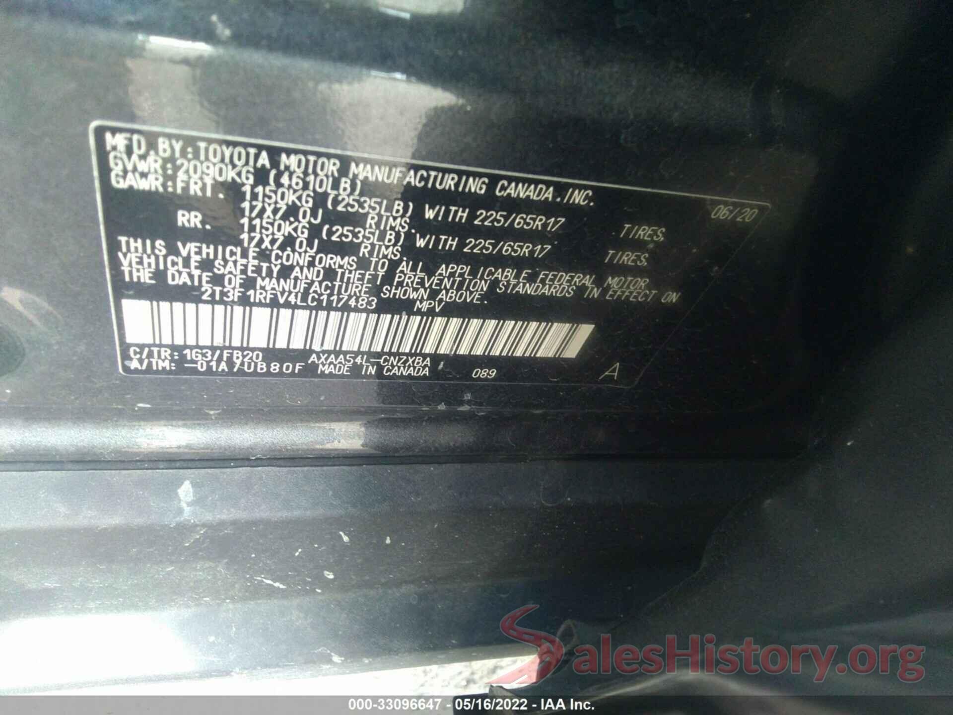 2T3F1RFV4LC117483 2020 TOYOTA RAV4