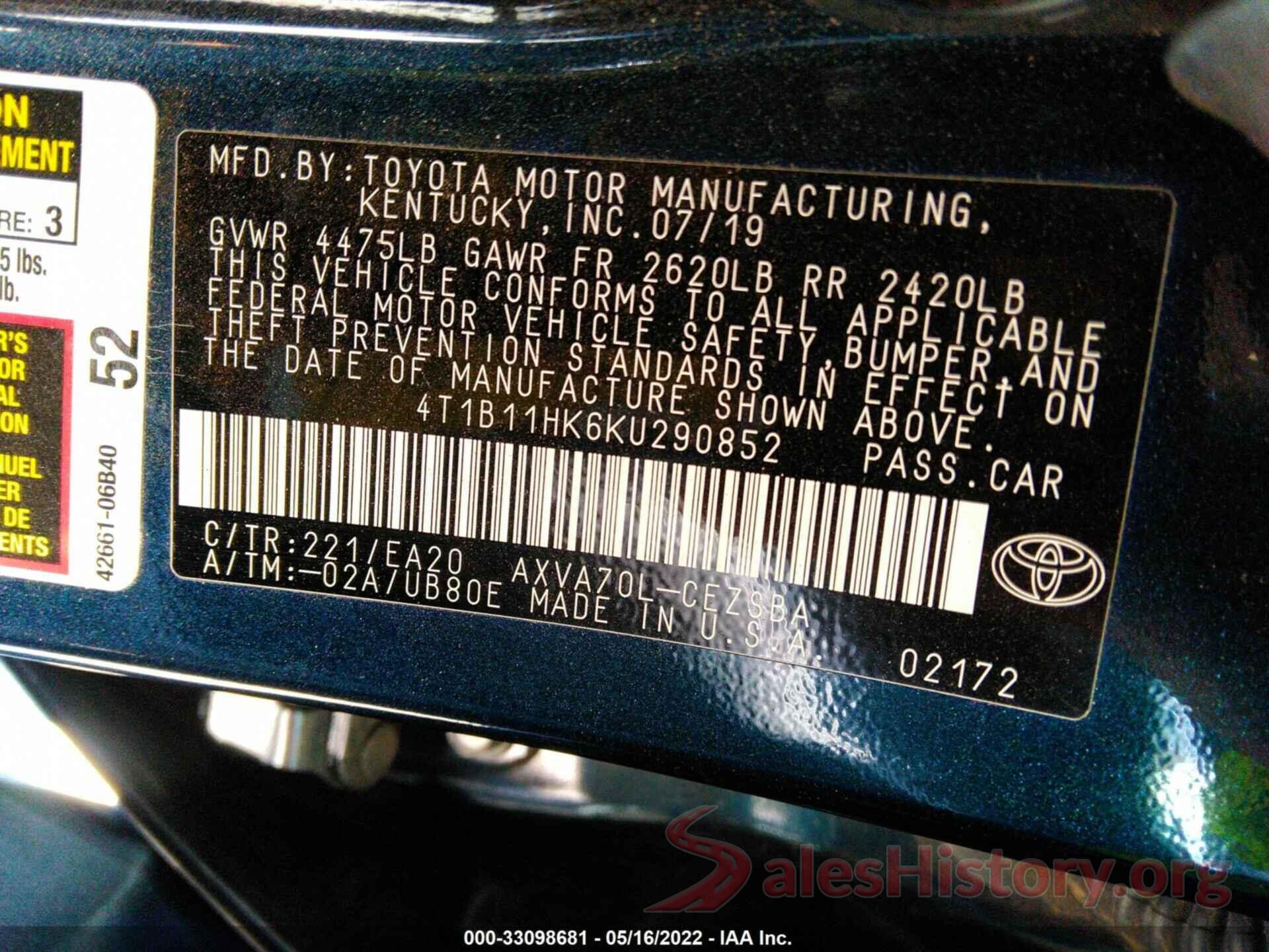 4T1B11HK6KU290852 2019 TOYOTA CAMRY