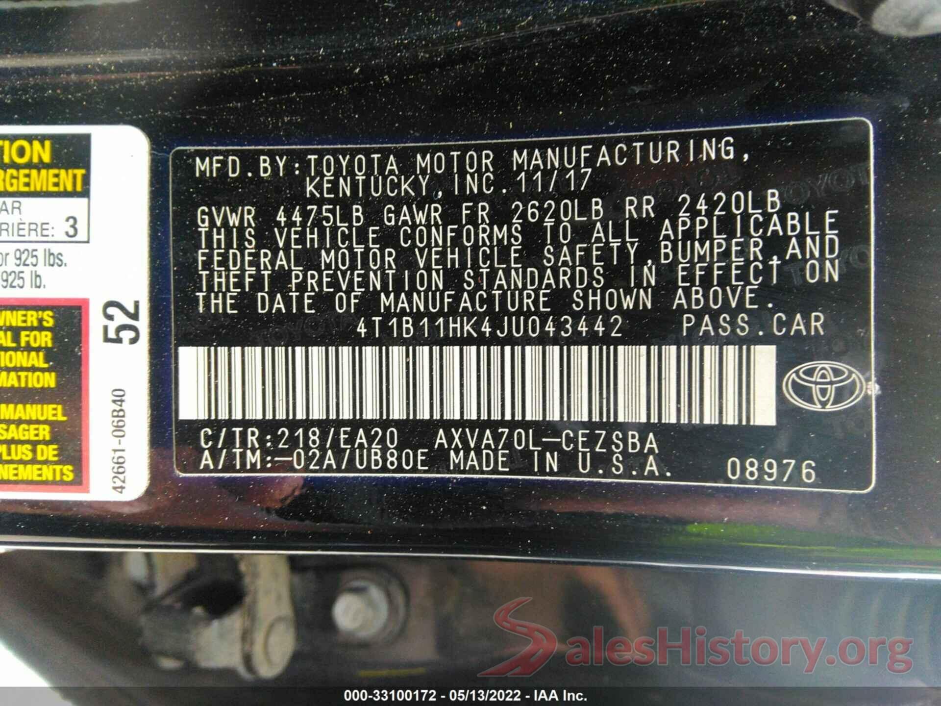 4T1B11HK4JU043442 2018 TOYOTA CAMRY