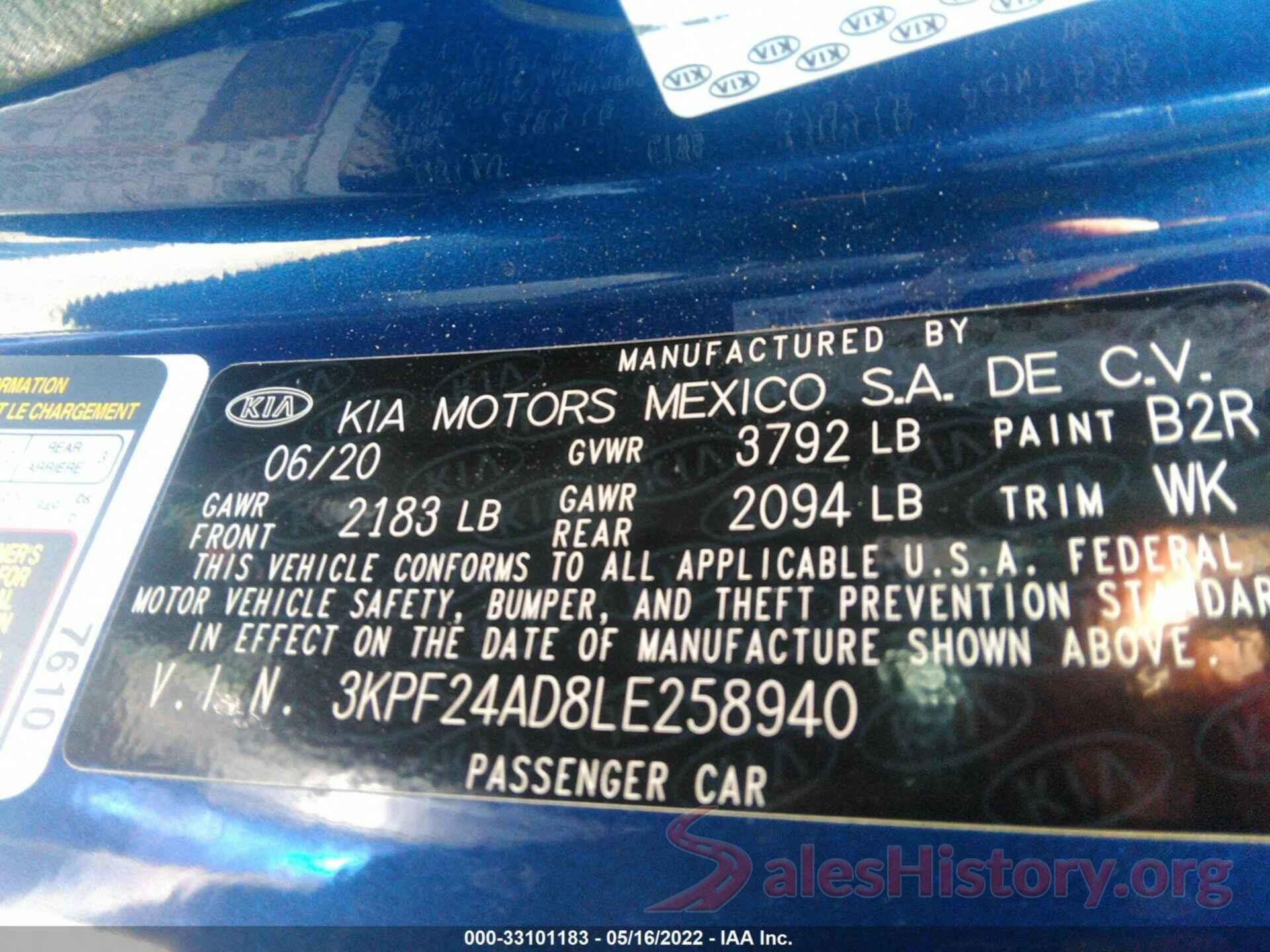 3KPF24AD8LE258940 2020 KIA FORTE