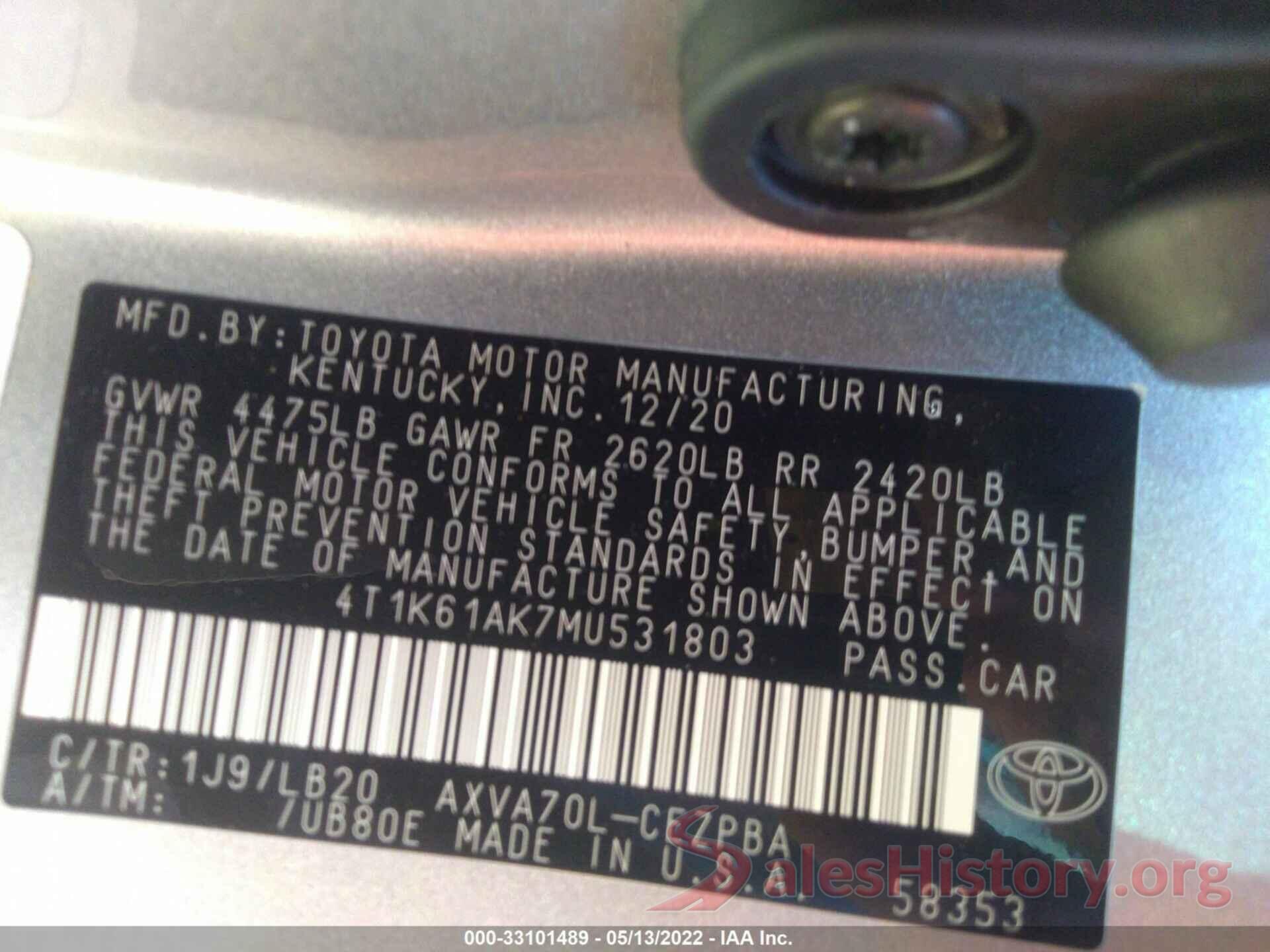 4T1K61AK7MU531803 2021 TOYOTA CAMRY