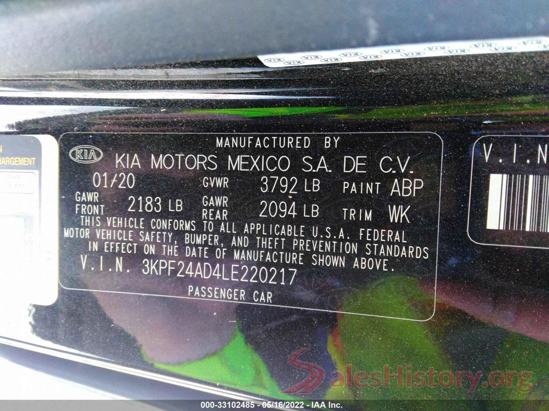 3KPF24AD4LE220217 2020 KIA FORTE