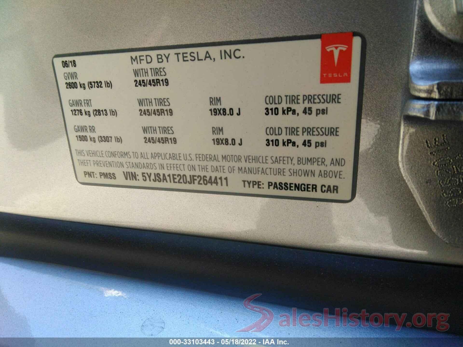 5YJSA1E20JF264411 2018 TESLA MODEL S