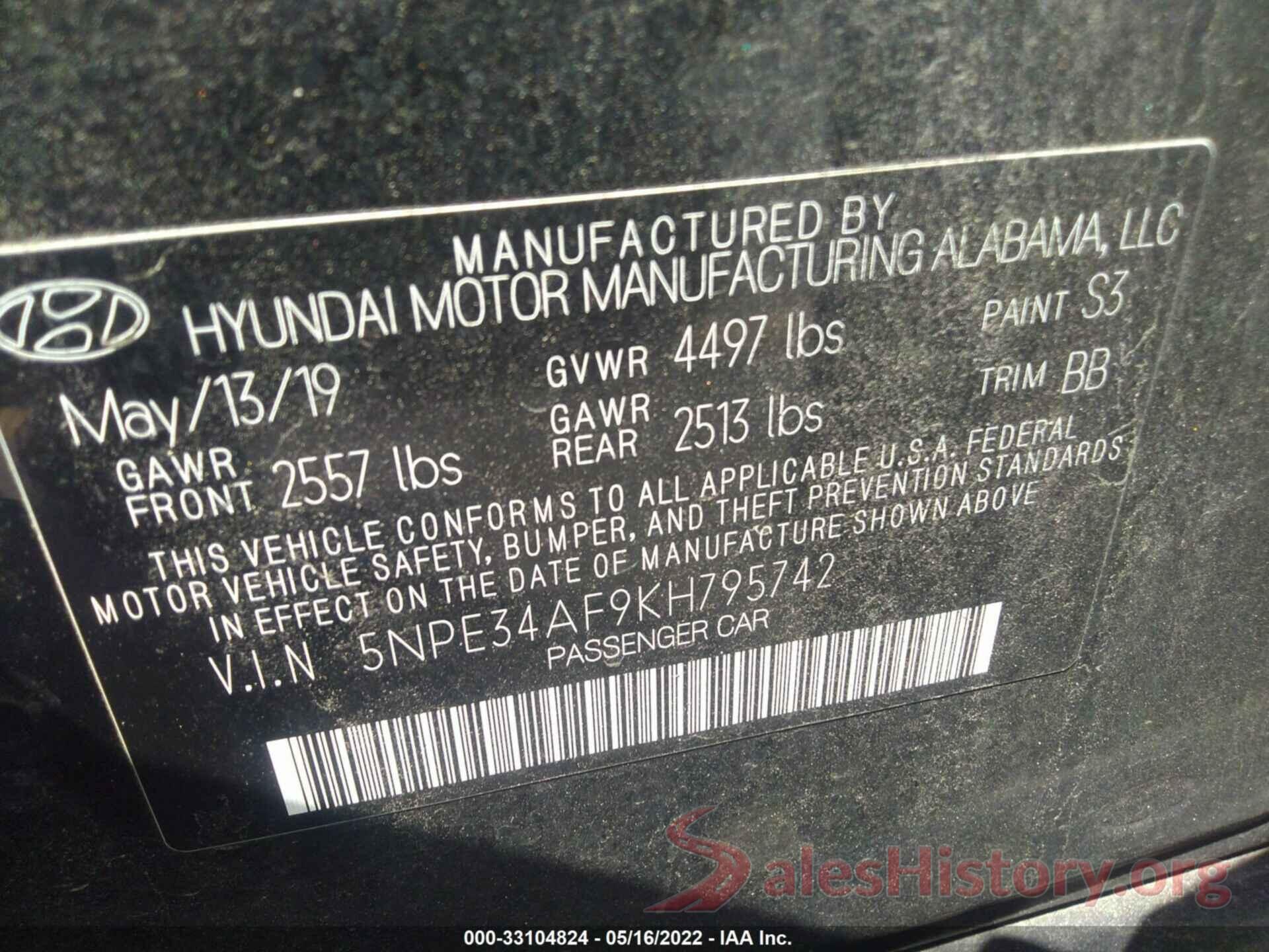 5NPE34AF9KH795742 2019 HYUNDAI SONATA