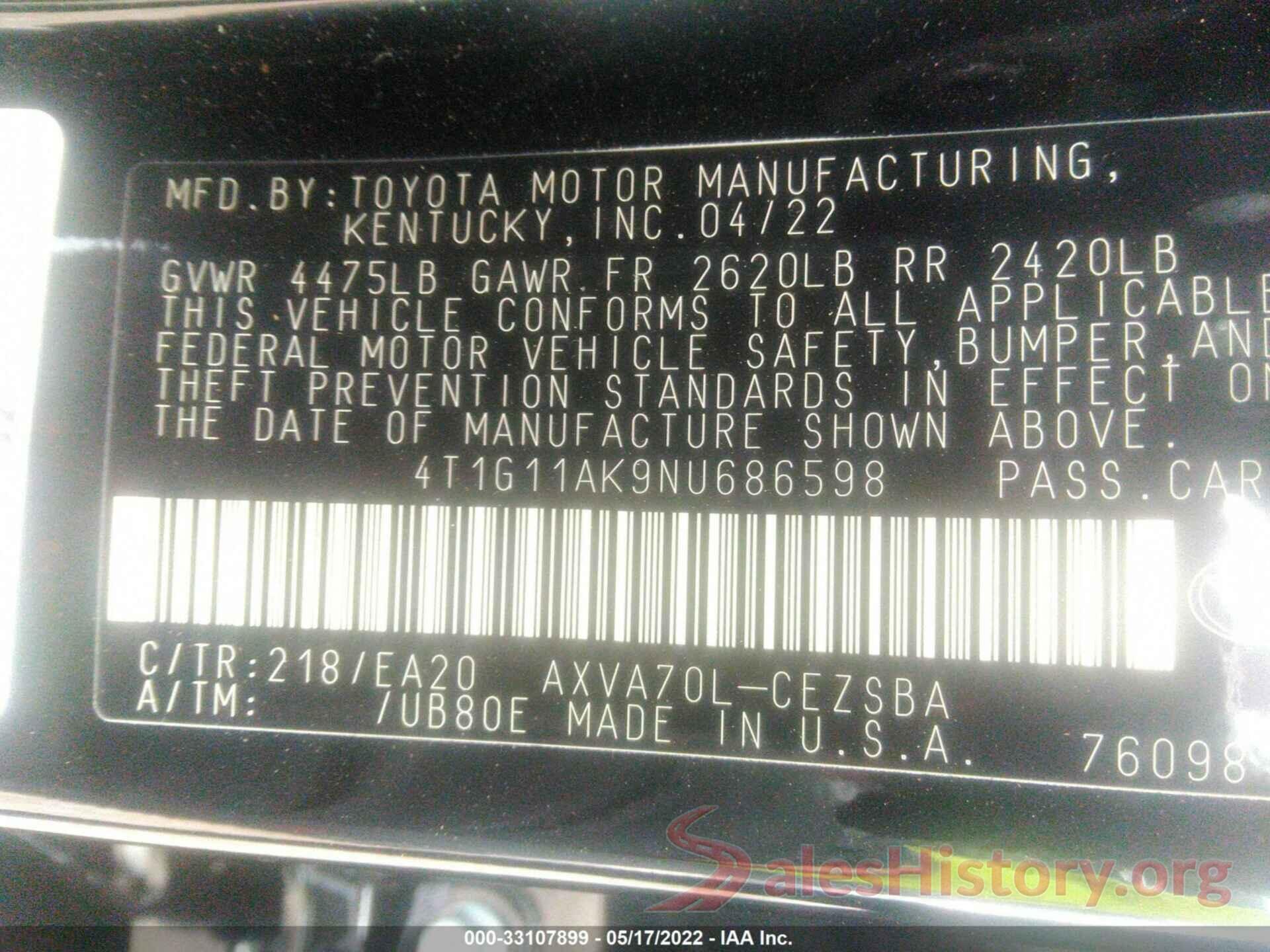 4T1G11AK9NU686598 2022 TOYOTA CAMRY