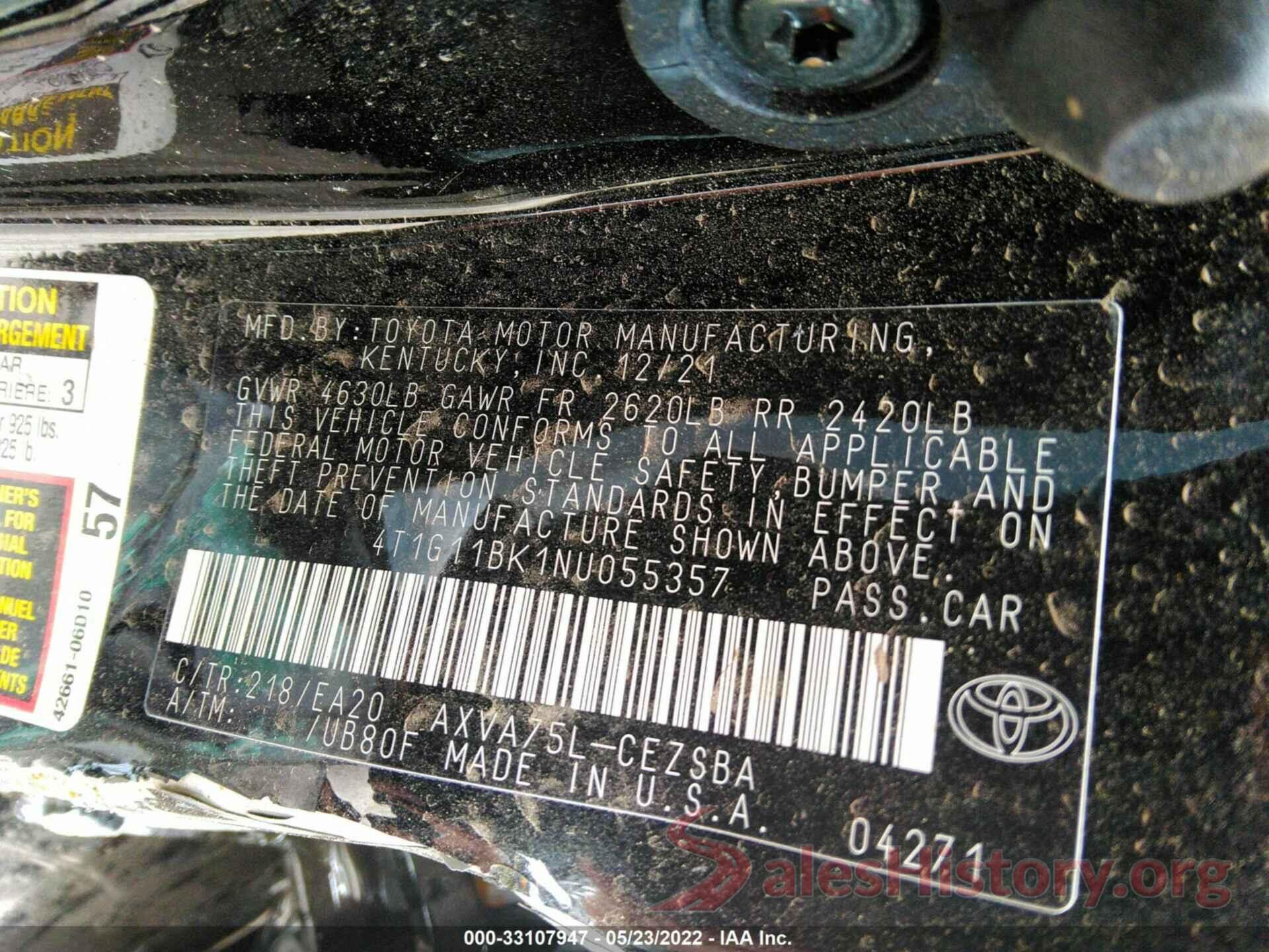 4T1G11BK1NU055357 2022 TOYOTA CAMRY