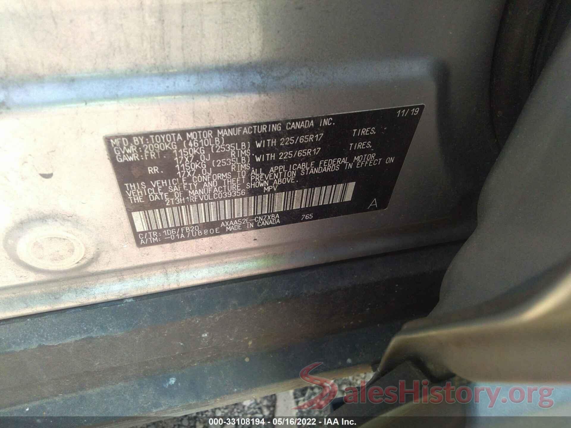 2T3H1RFV0LC039356 2020 TOYOTA RAV4